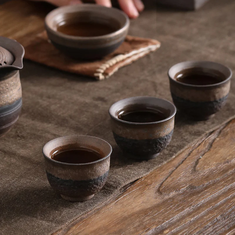 Buddha Stones Simple Brown Striped Texture Ceramic Teacup Kung Fu Tea Cup Bowl