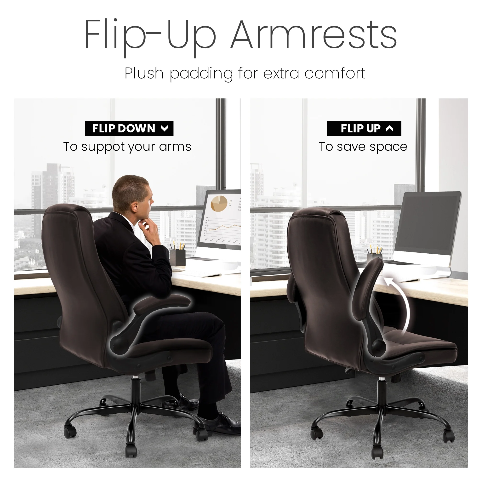 NEO CHAIR Executive Office Chair, Ergonomic High back Cushioned, Wide Leather Seat 8 Hours Heavy Duty Design, Flip Up Armrest Computer Desk Chair, Black
