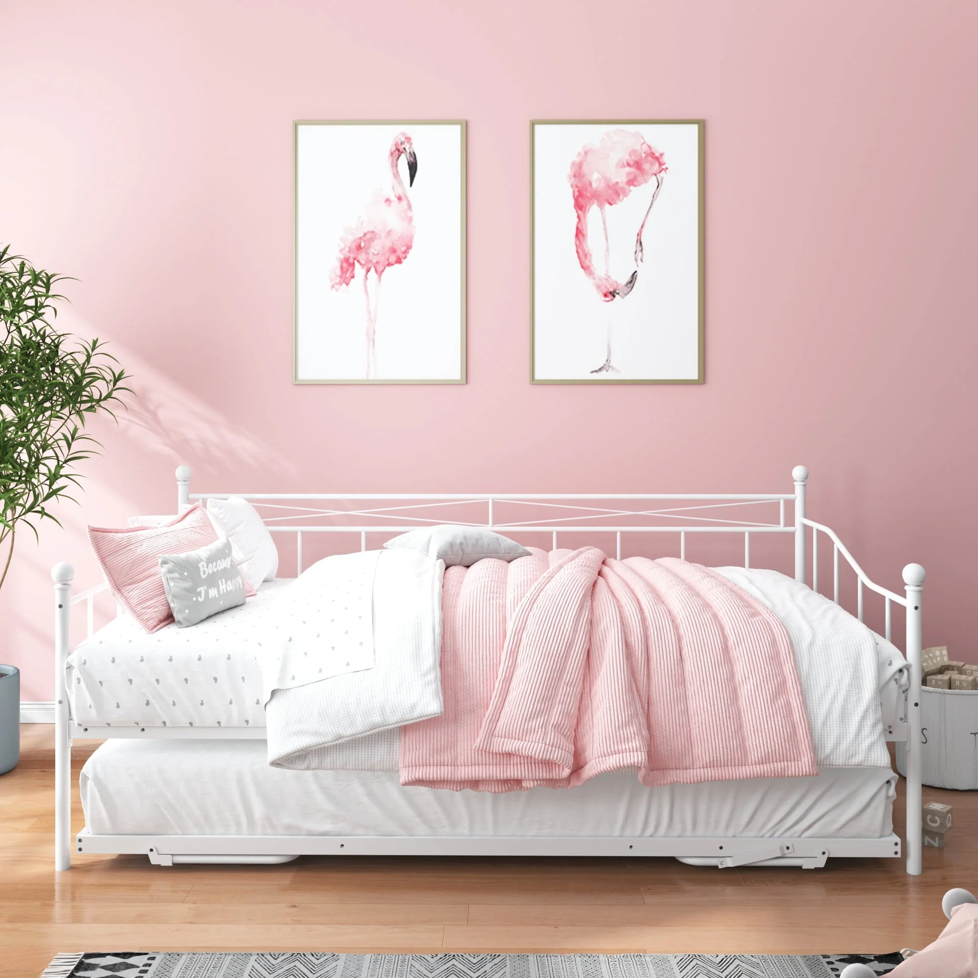 paproos Metal Daybed with Pop Up Trundle, Twin Adjustable Metal Sofa Bed with Adjustable Trundle Steel Daybed for Bedroom Guest Room, White
