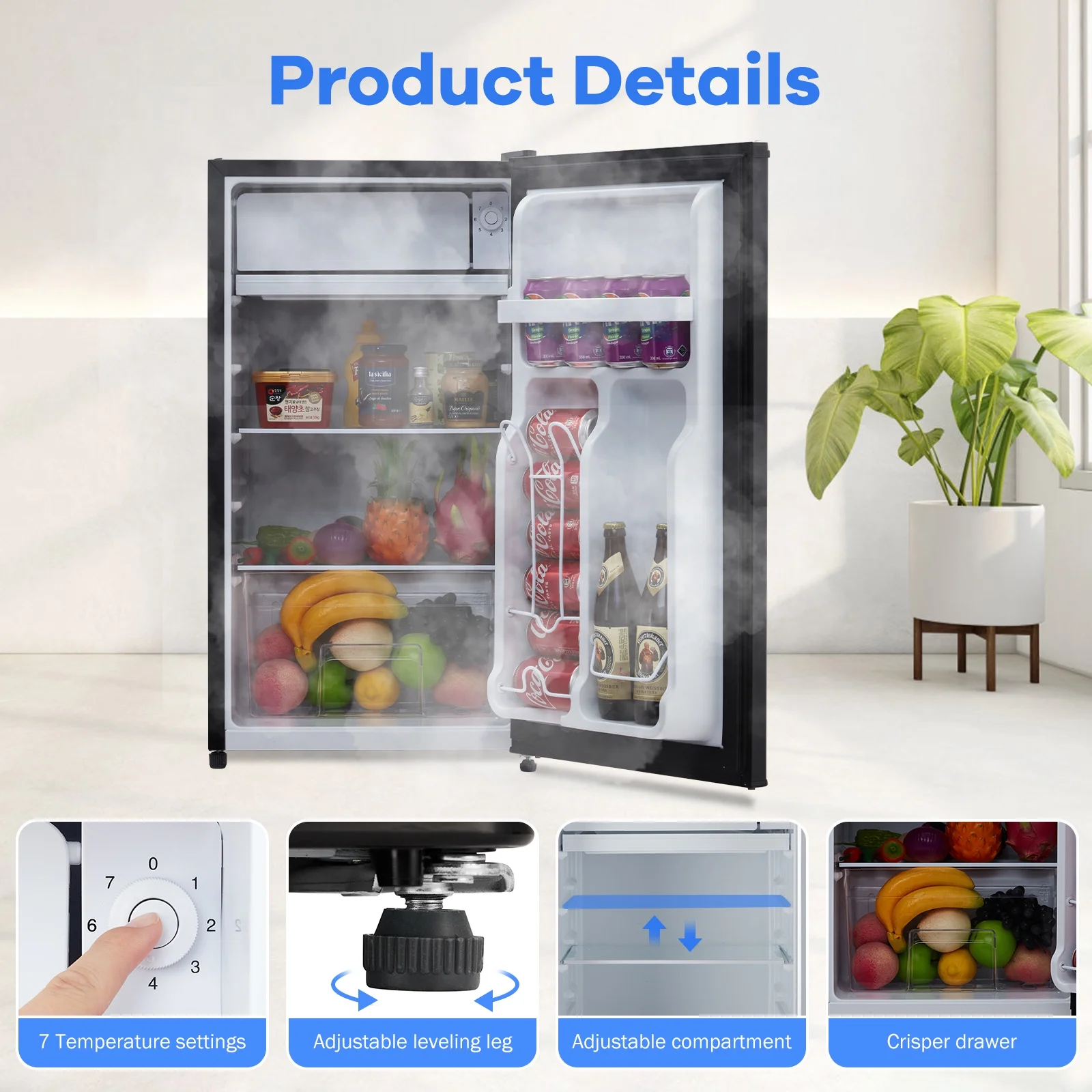 EastVita 3.2 Cu.Ft Mini Fridge with Freezer, Compact Refrigerator with 7 Level Adjustable Thermostat, Crisper Drawer & Glass Shelves, Small Fridge for Home