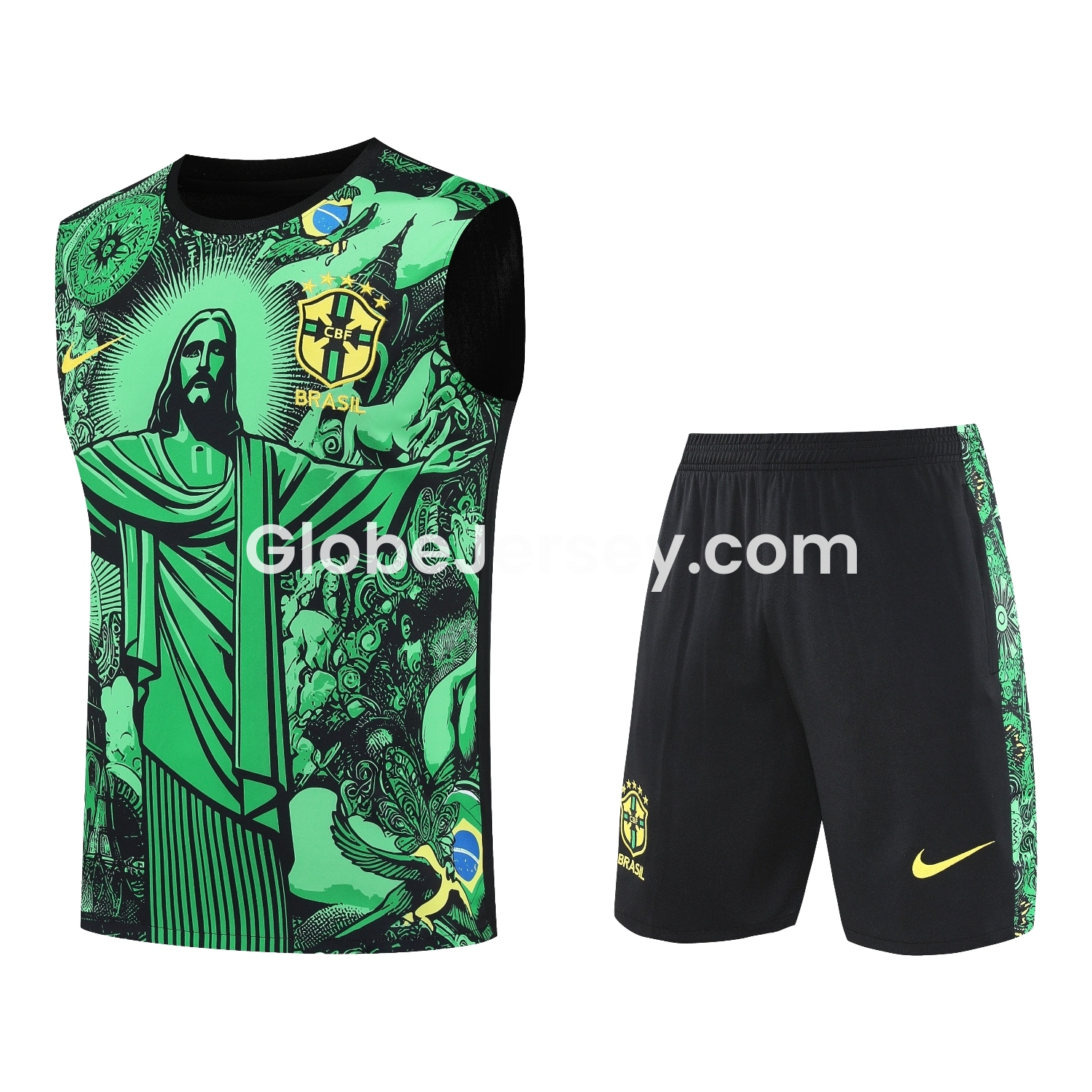 Brazil 25-26 Green Jesus Statue Vest Training Set - Green Vest & Black Shorts