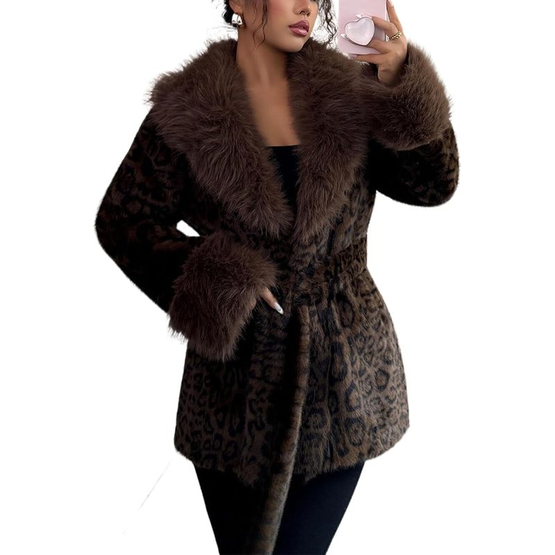 Women's Leopard Print Fluffy Faux Fur Coat Winter Shaggy