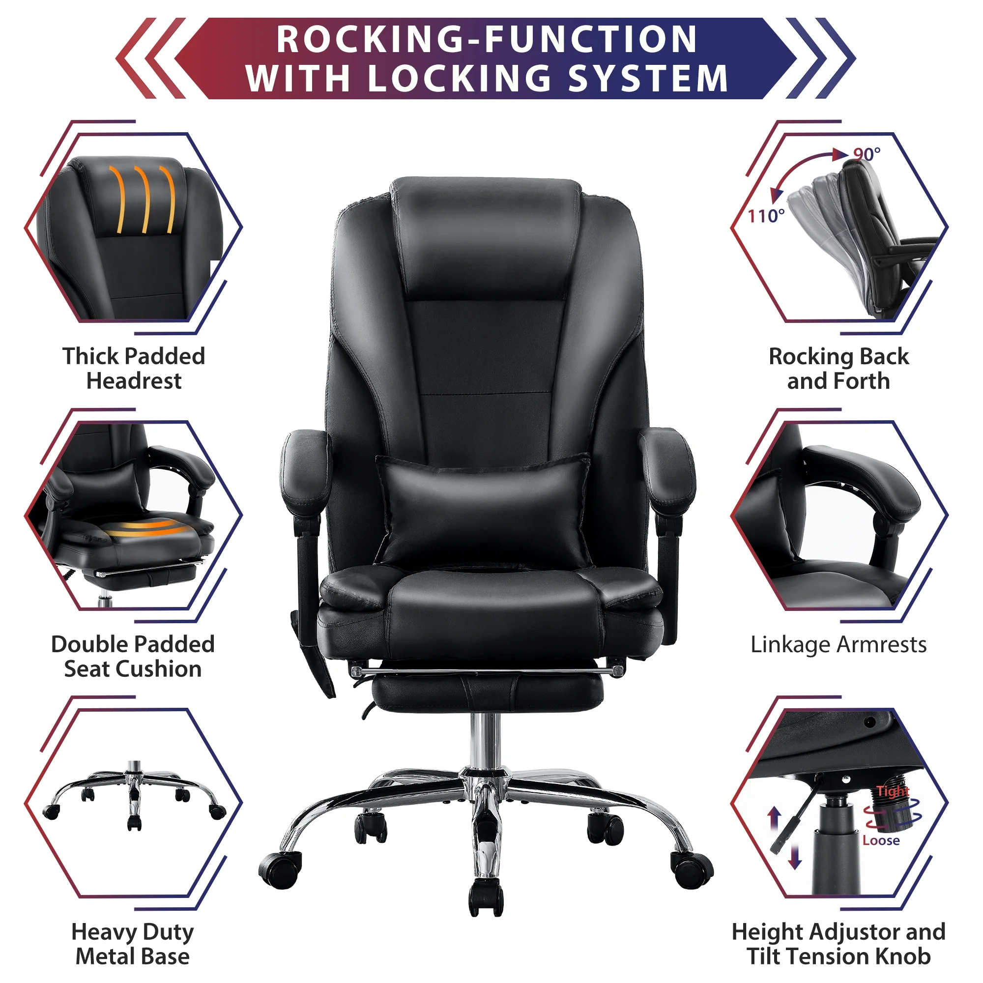 JONPONY Big and Tall Office Chair 500LBS Executive Office Chair Massage and Footrest Ergonomic Computer Desk Chair Reclining High Back Leather Office Chair Lumbar Back Support Swivel Rolling,Black