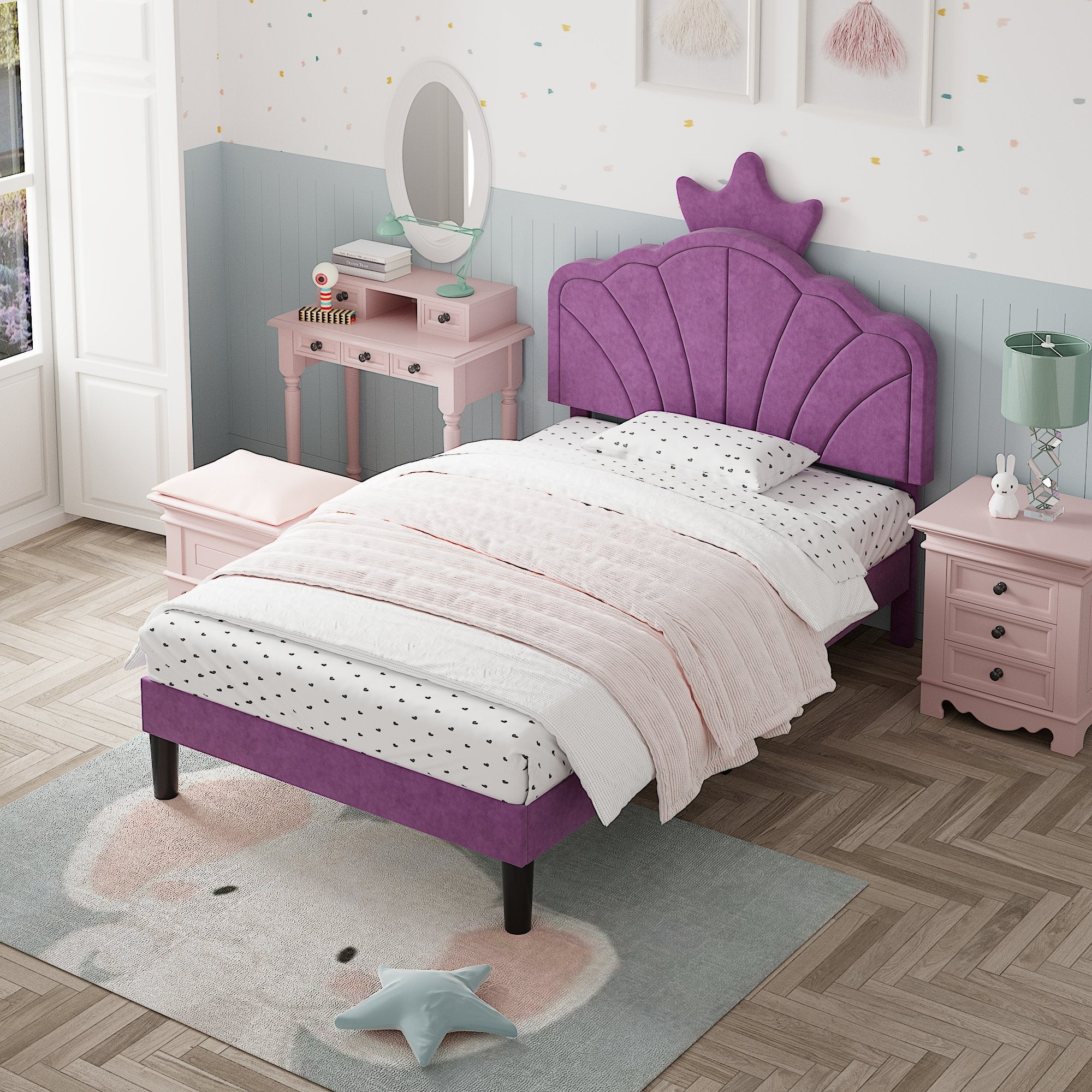VECELO Twin Size Platform Bed Frame with Crown Headboard, Adjustable Height Upholstered Bed for Bedroom, No Box Spring Needed, Purple