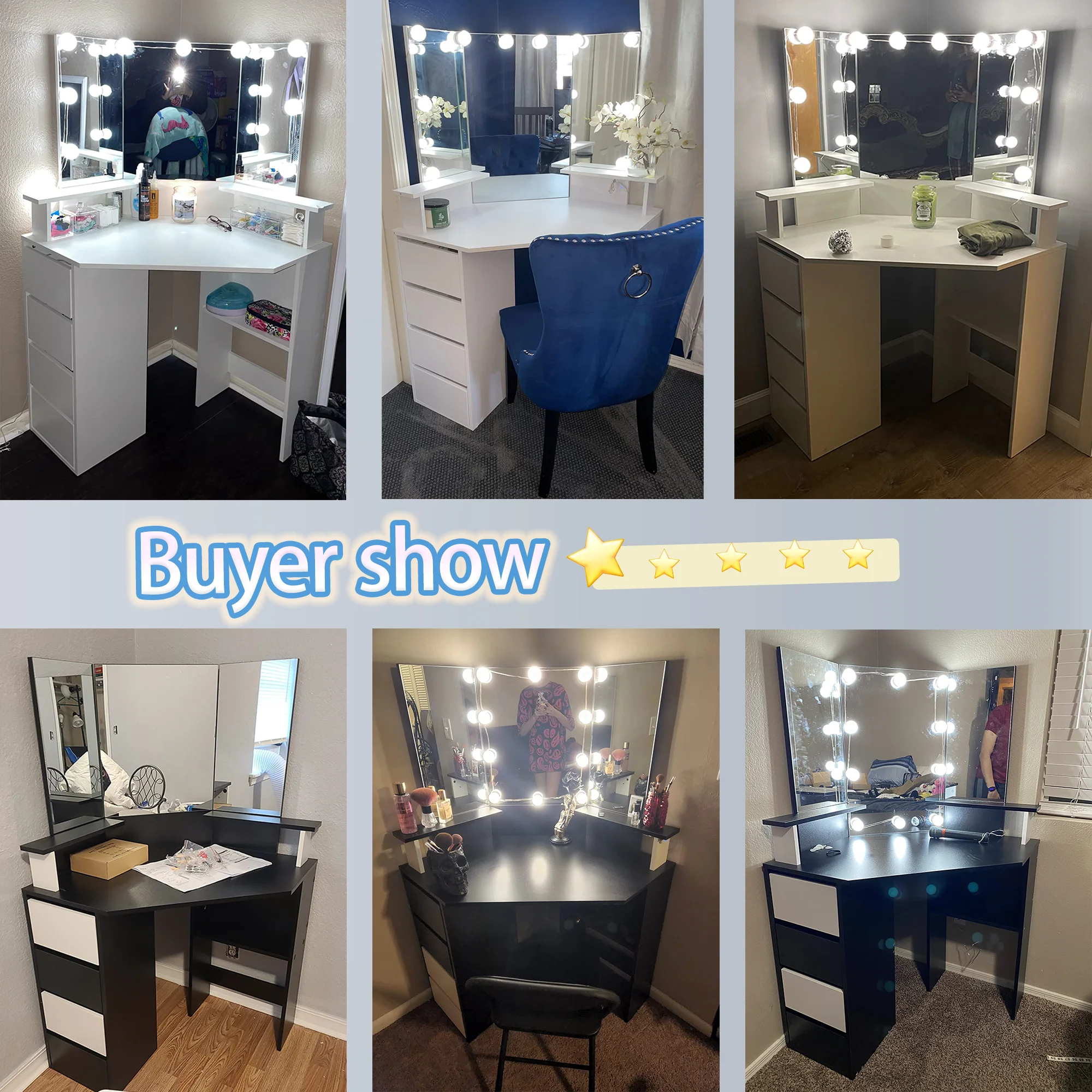 Veanerwood White Corner Vanity Desk with Mirror and Light,Makeup Table with 4 Drawers and Charging Station for Bedroom