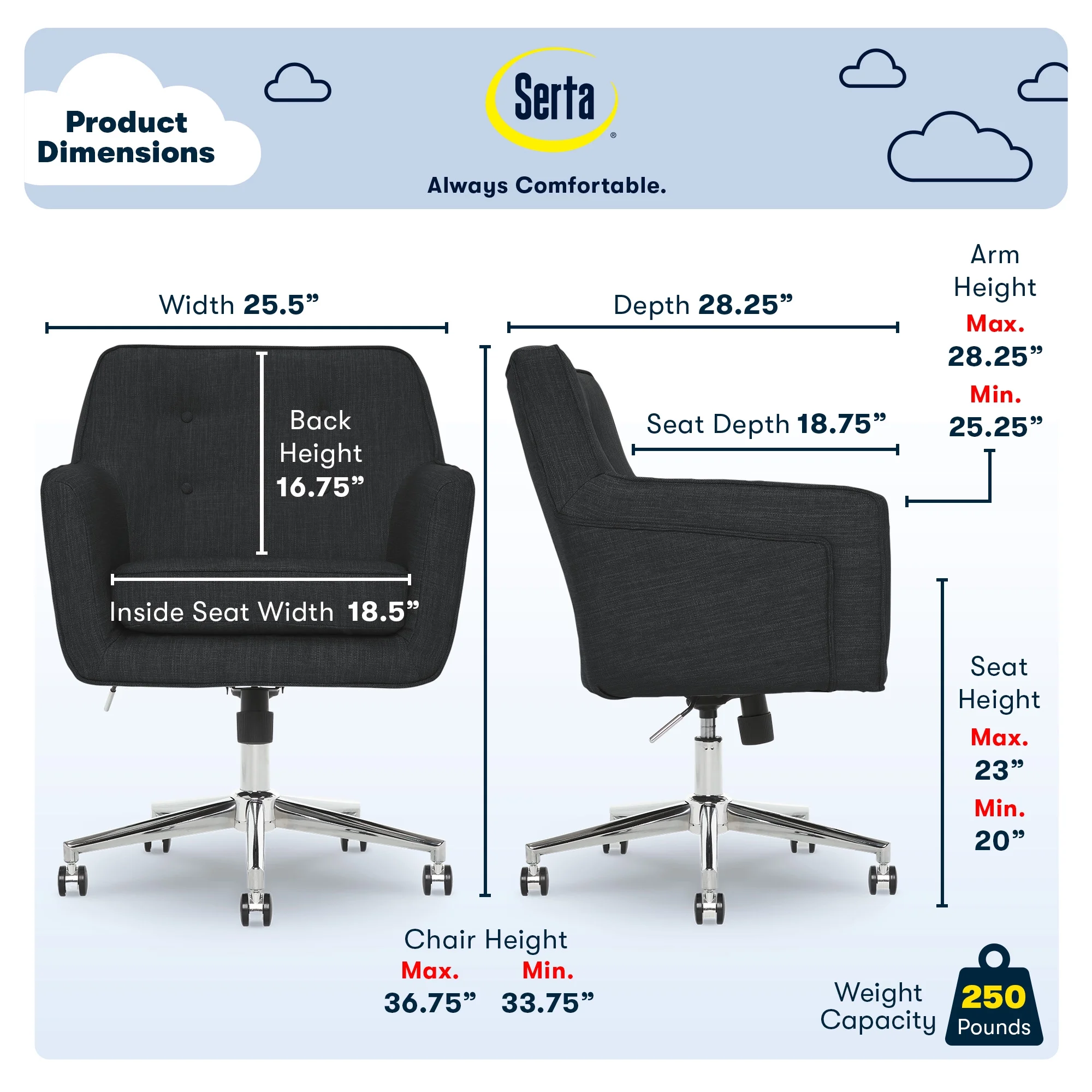 Serta Ashland Office Desk Chair, Button Tufted Mid-Back, Memory Foam Cushion, Chrome Swivel Base, Charcoal
