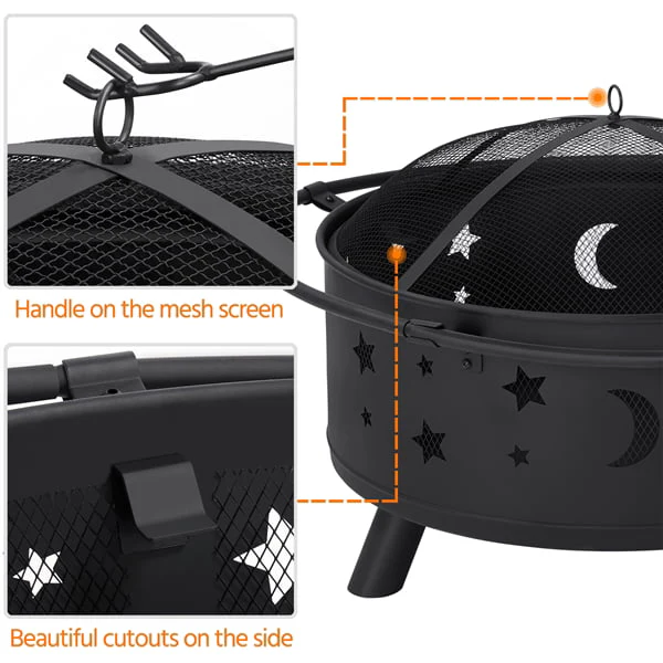 SMILE MART Iron Fire Pit Set Heating Equipment Camping Fire Bowl with Poker Mesh Cover for BBQ Backyard Patio Outdoor Fireplace Black