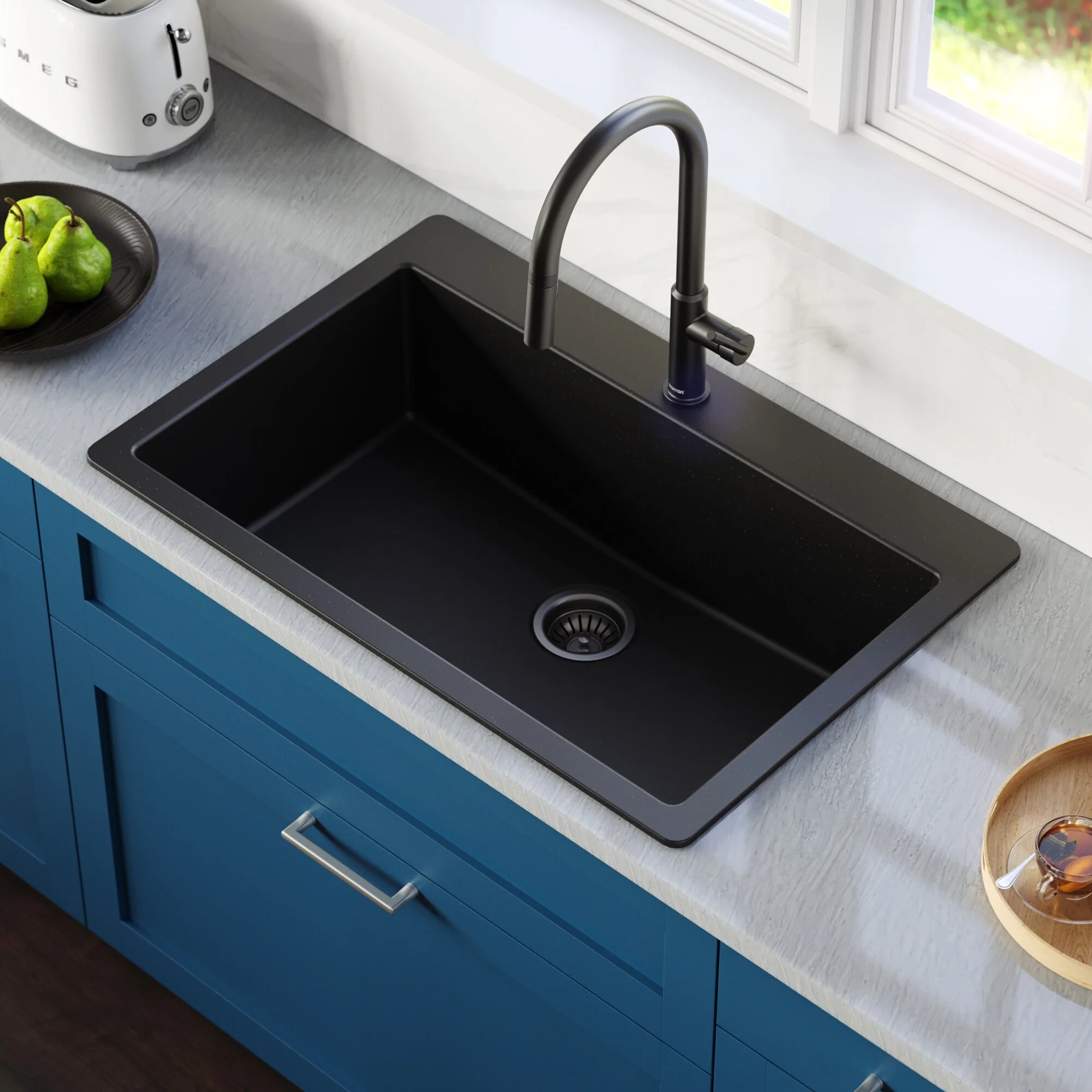 Karran  QT-812 Top Mount 33 in. Large Single Bowl Quartz Kitchen Sink Kit Black