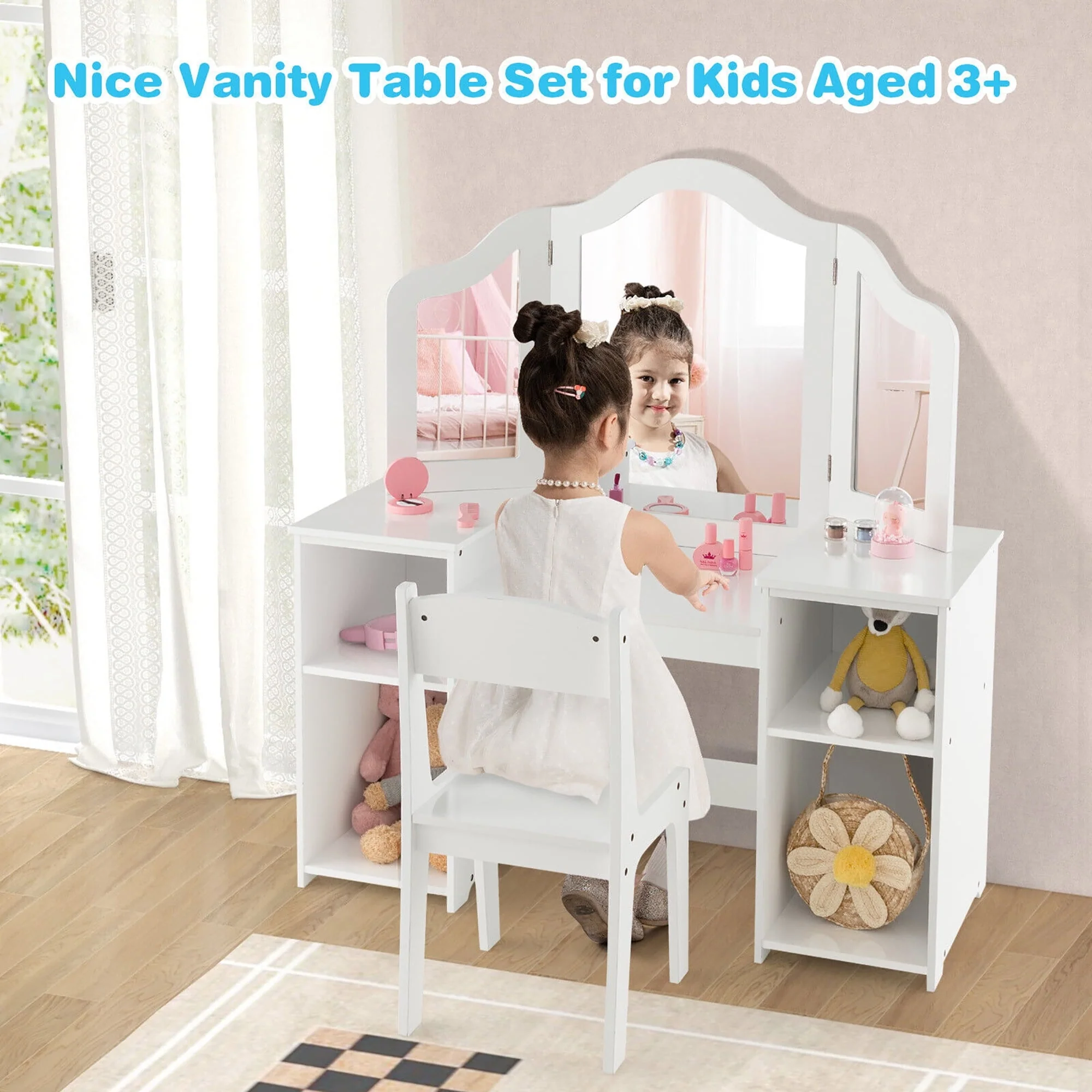 Gymax Kids Vanity 2 in 1 Princess Makeup Desk & Chair Set Safe Tri-fold Mirror White