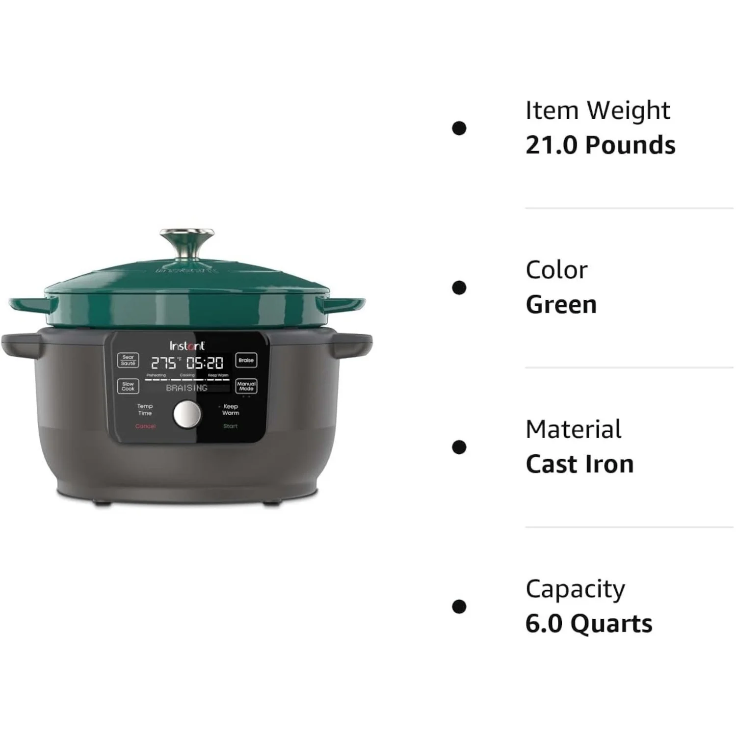 Instant Electric Round Dutch Oven, 6-Quart 1500W, From the Makers of Instant Pot, 5-in-1: Braise, Slow Cook, Sear/Saut��, Cooking Pan, Food Warmer, Enameled Cast Iron, Included Recipe Book, Green