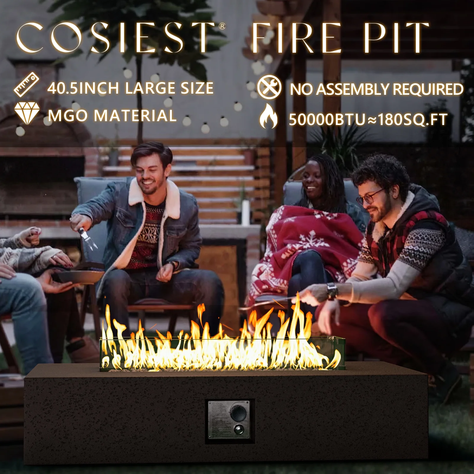 COSIEST 2-Piece Outdoor Rectangle Terrazzo White Propane Fire Table Set with Tank Cover Table