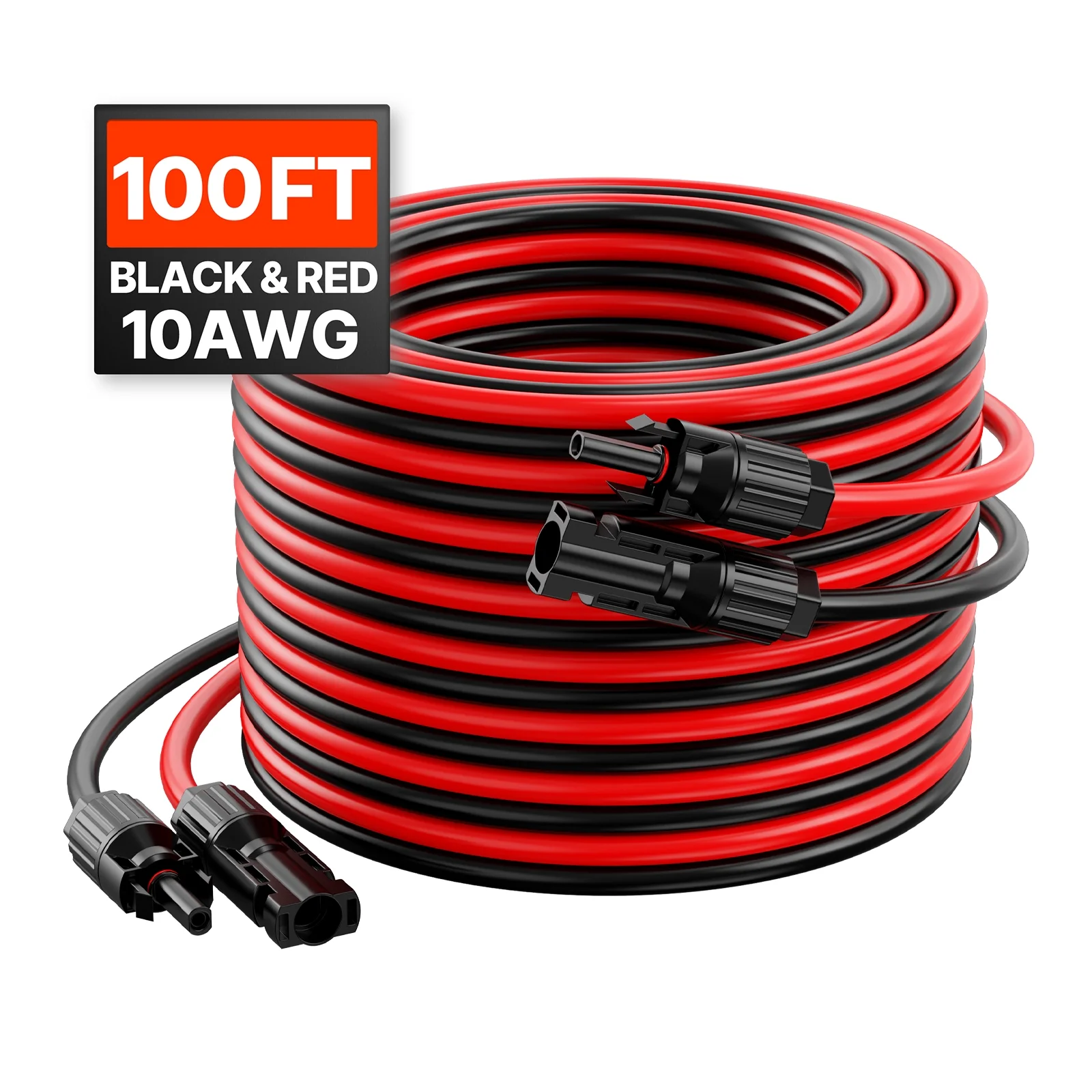 VEVOR 100FT Solar Panel Extension Cable,10AWG Solar Extension Cable Wire with Female & Male Waterproof Connectors, 6mm2 PV Cable for Home, Ship and RV Solar Panels, 100FT Black + 100FT Red (Set of 2)