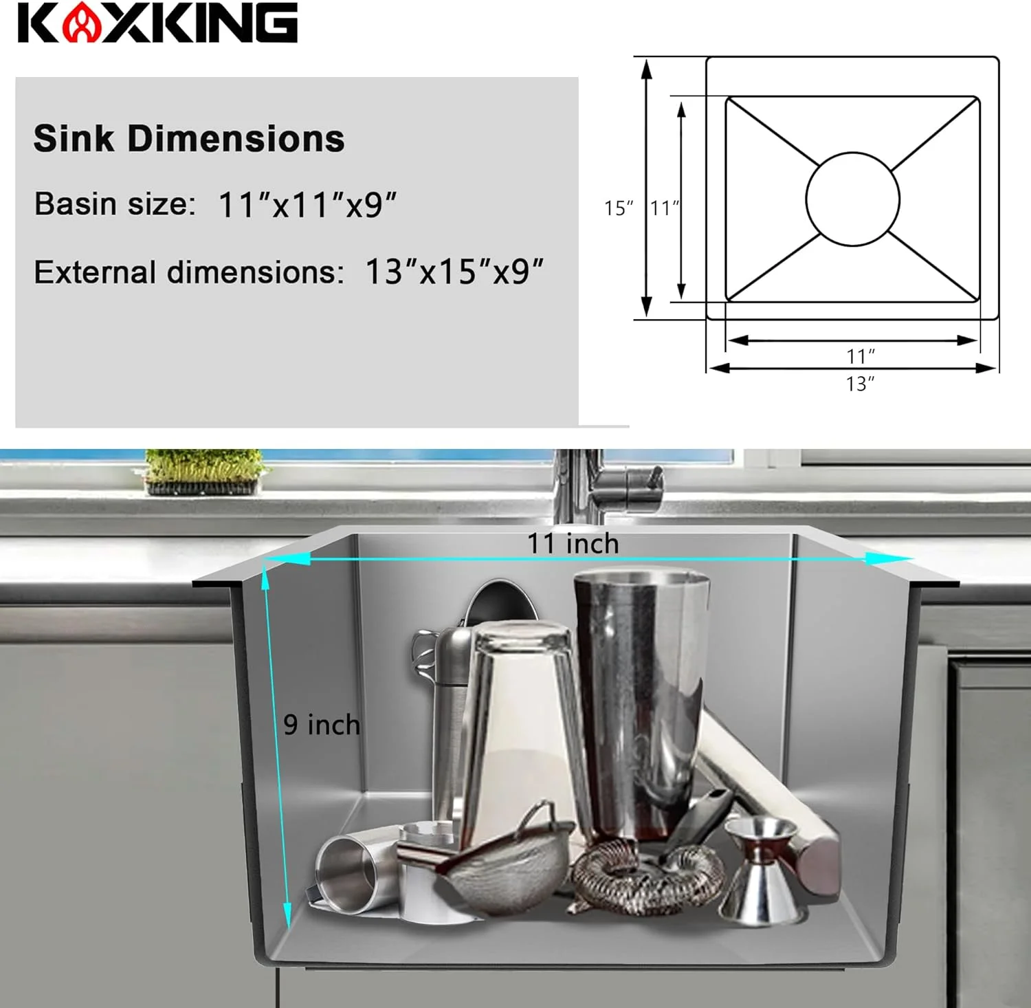 13 x 15 Inch Drop In Bar Sink, Small Kitchen Sink Single Bowl Topmount Bar Prep Sink 18 Gauge Stainless Steel Bar Sink with Basket Strainer