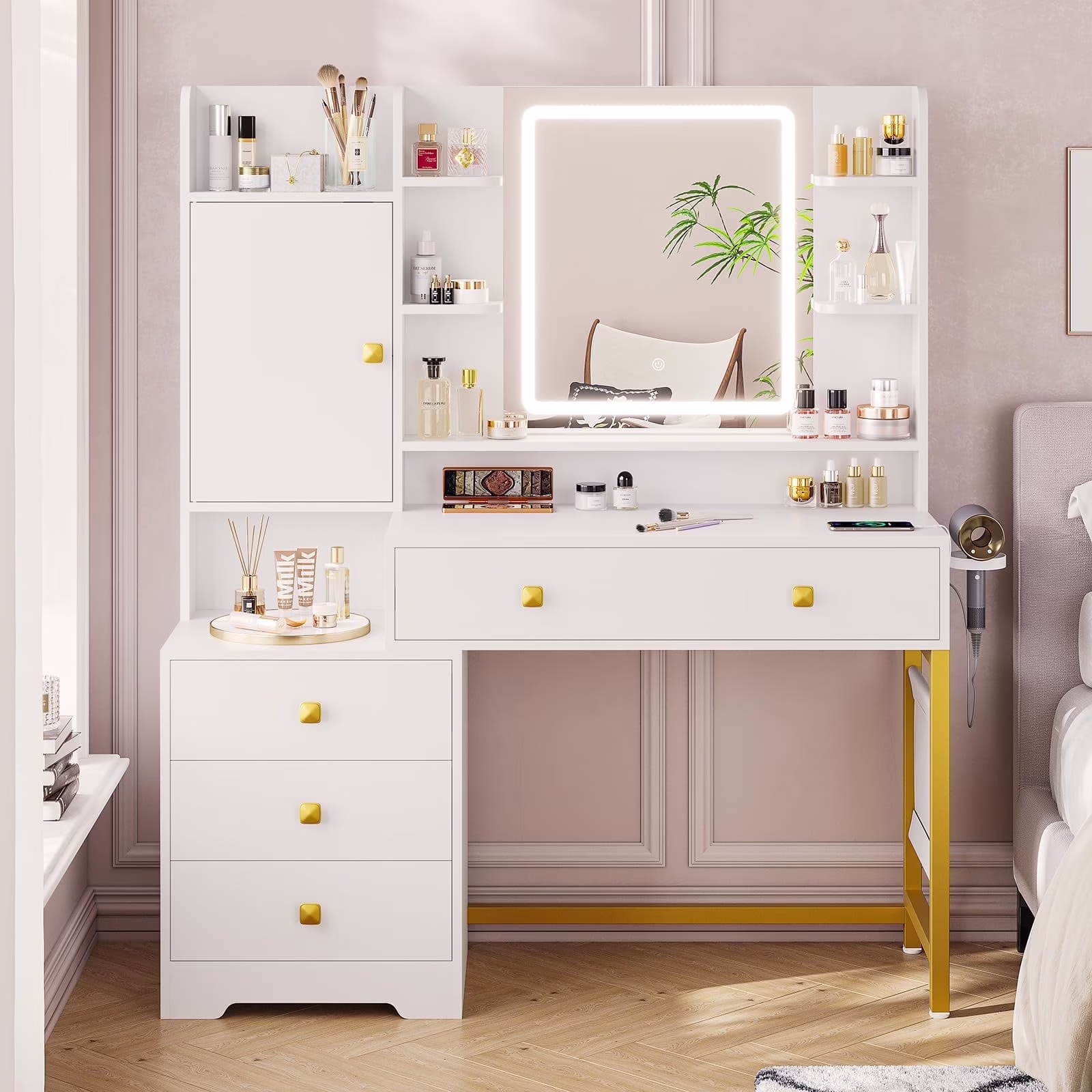 Aunfebrco White Vanity Desk Makeup Vanity Table with Mirror and Lights and Charging Station, Large Dressing Table with Storage Cabinet&6 Drawers&4 Storage Shelves for Bedroom