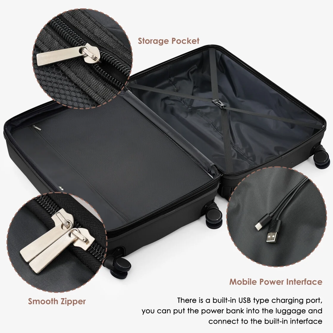 3 Piece Luggage Set , 20/24/28 inches Suitcase Set , ABS Hardshell Expandable Luggage Sets with TSA Lock,20-inch with USB Port, Carry On Luggage for Men Women, Pink