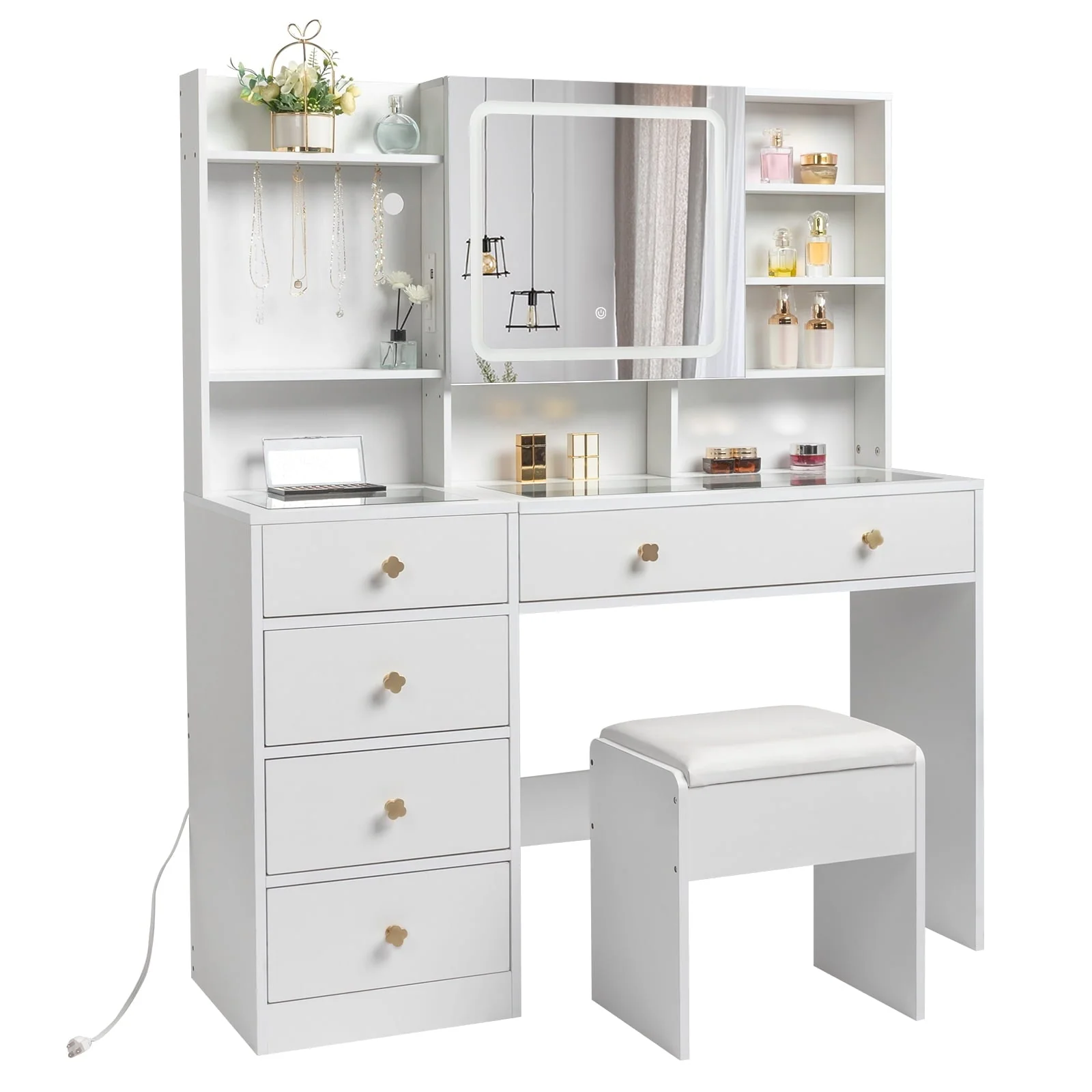 Ktaxon Makeup Vanity with 3 Color Lights, Vanity Desk with USB Charging Station, Vanity Makeup Table with Visible Drawers, Hidden and Open Storage Shelves, White