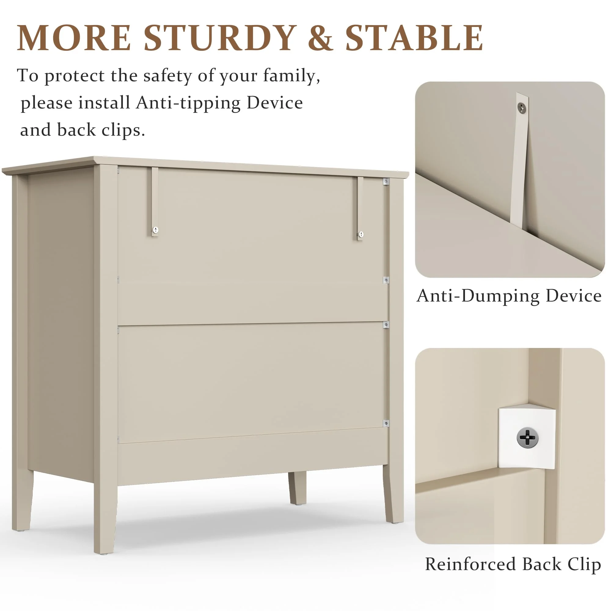 May Color Large White 3 Drawer Dresser Set of 2 with Fluted Panel, Modern Chest of Drawers with Silent Slide Drawers, Wood Accent Nightstand with Storage for Bedroom Living Room, Hallway