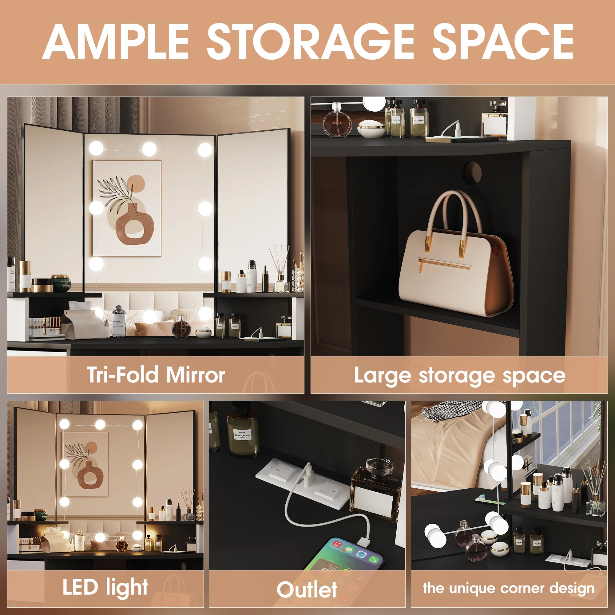 Veanerwood White Corner Vanity Desk with Mirror and Light,Makeup Table with 4 Drawers and Charging Station for Bedroom