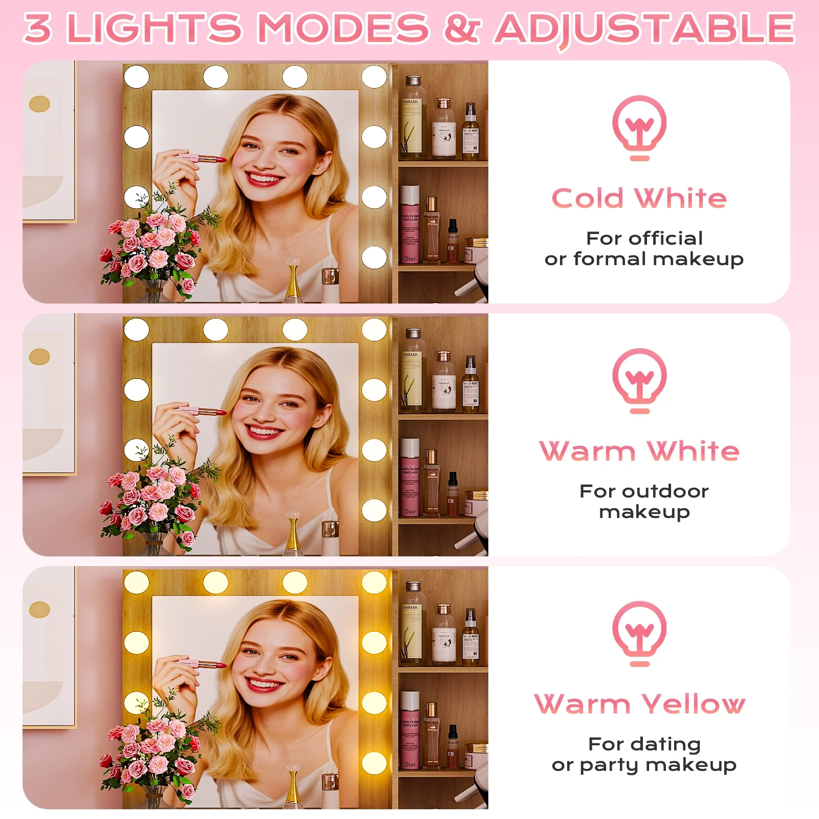 Ktaxon Vanity Set with 3 Color Lighted Mirror, Makeup Table with 3 Storage Shelves & Drawers, Dressing Table Makeup Desk with Stool,White