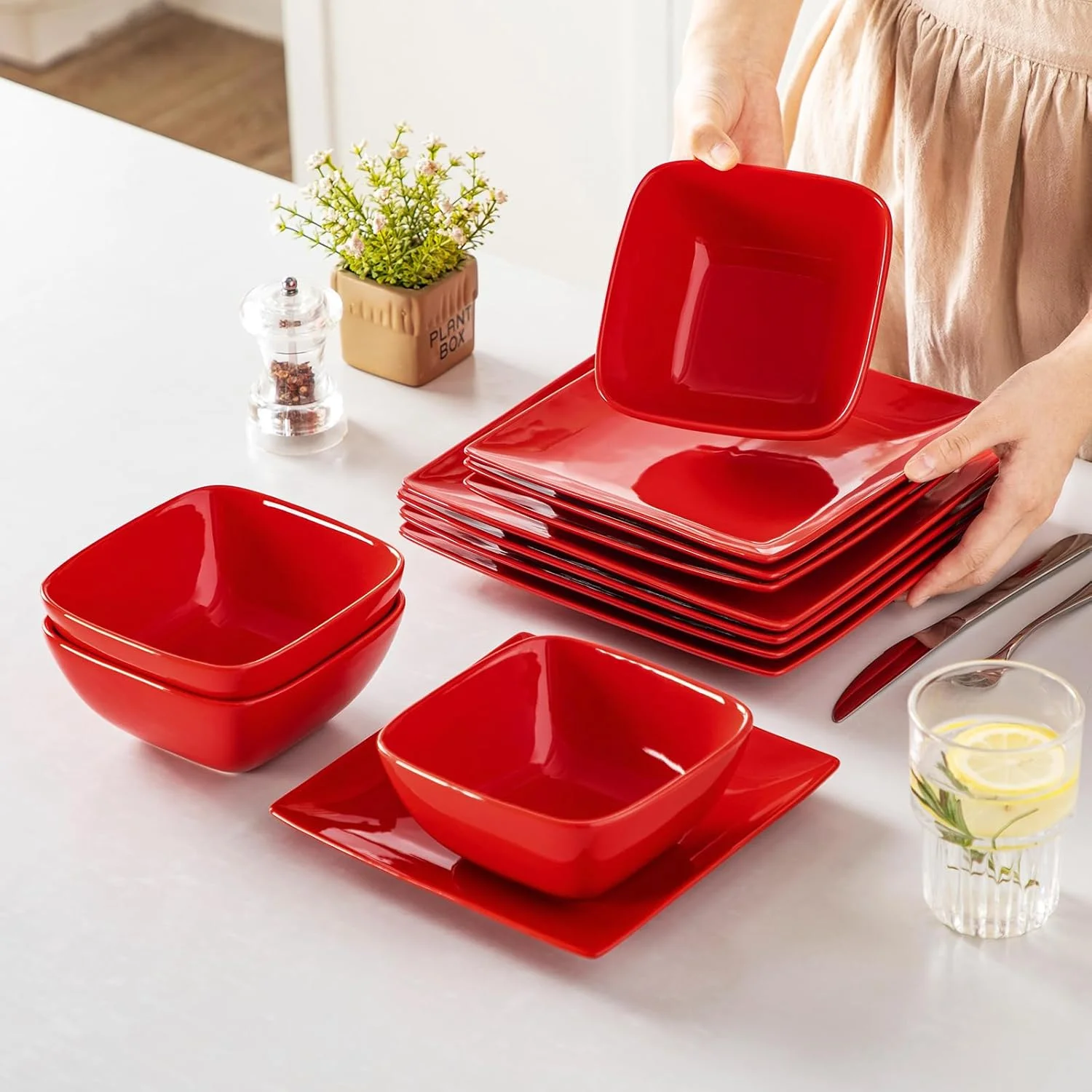 Dinnerware Sets 12 Pieces, Stoneware Square Place Setting, Dinner Plate, Dessert Plate, Bowls Service for 4