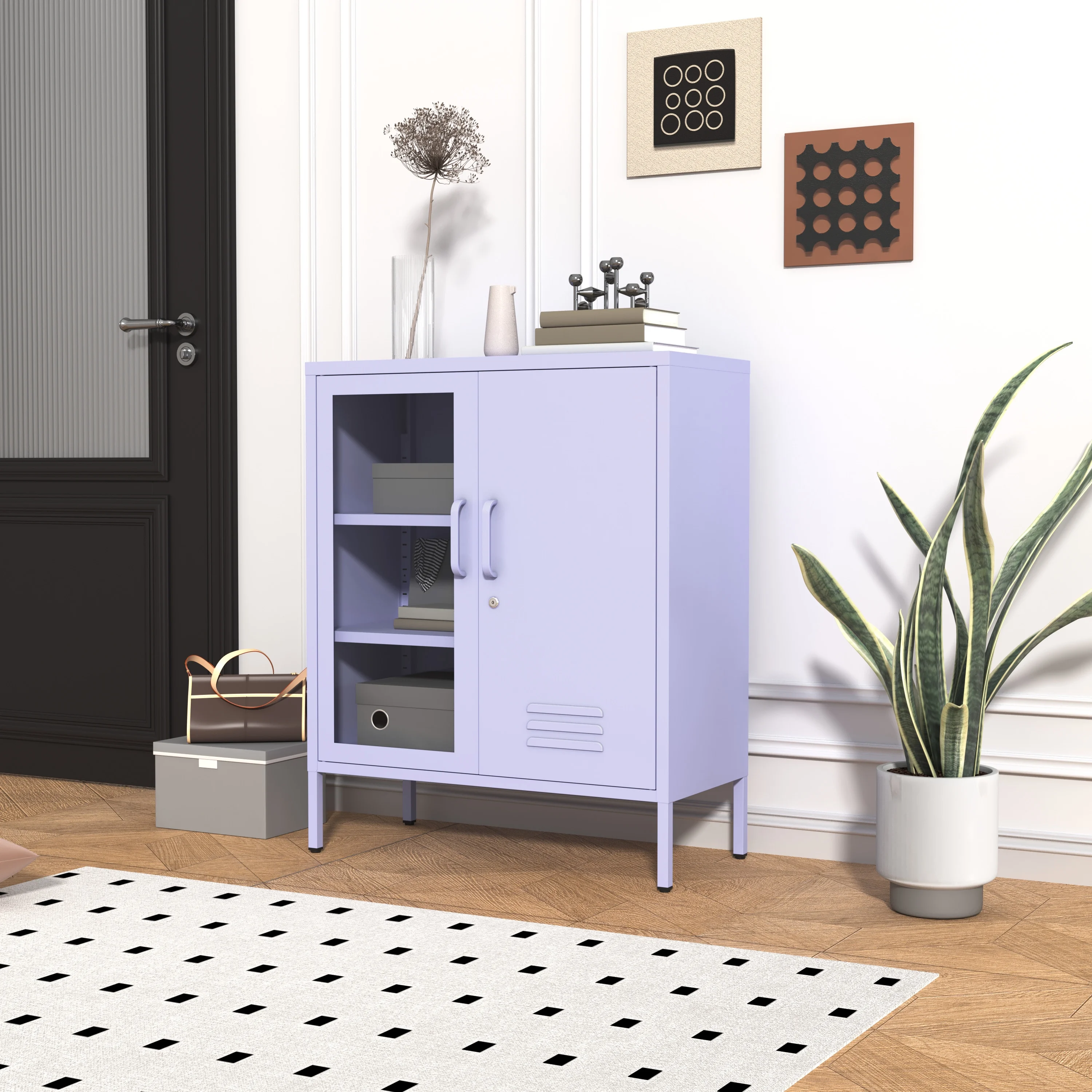 33 Inch Glass And Metal Storage Cabinet Adjustable Shelves 2 Door Lockable Lockers 3 Layer Multipurpose Lockers Laundry Room Or Utility Room Cabinet Home Purple Size�� 33
