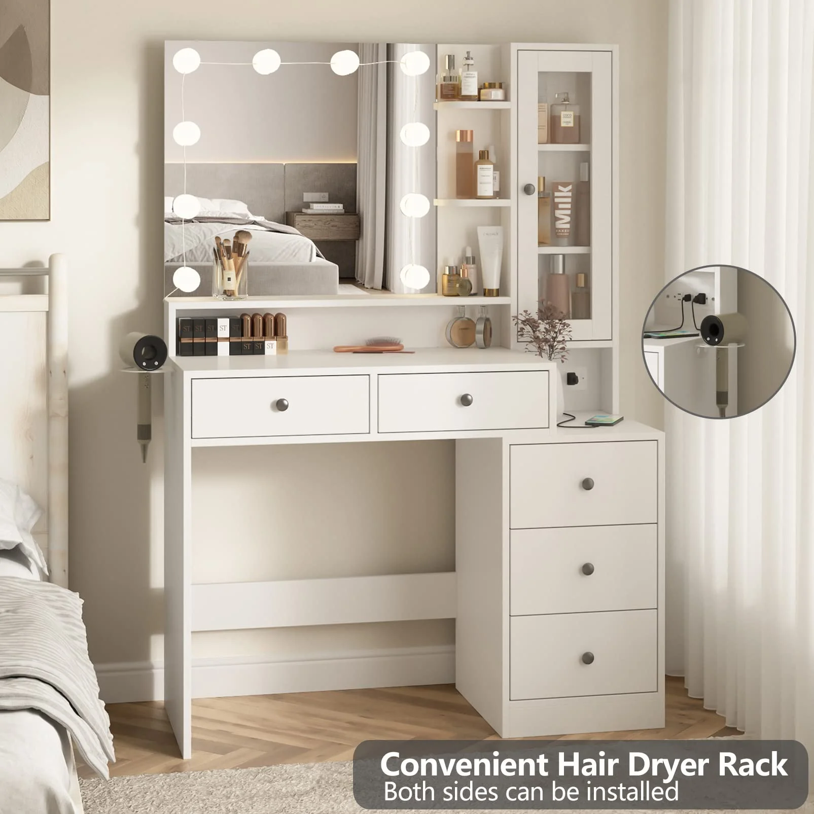 VEANERWOOD Makeup Vanity Desk with Lighted Mirror and Power Strip, Modern Vanity Table with 5 Drawers, White