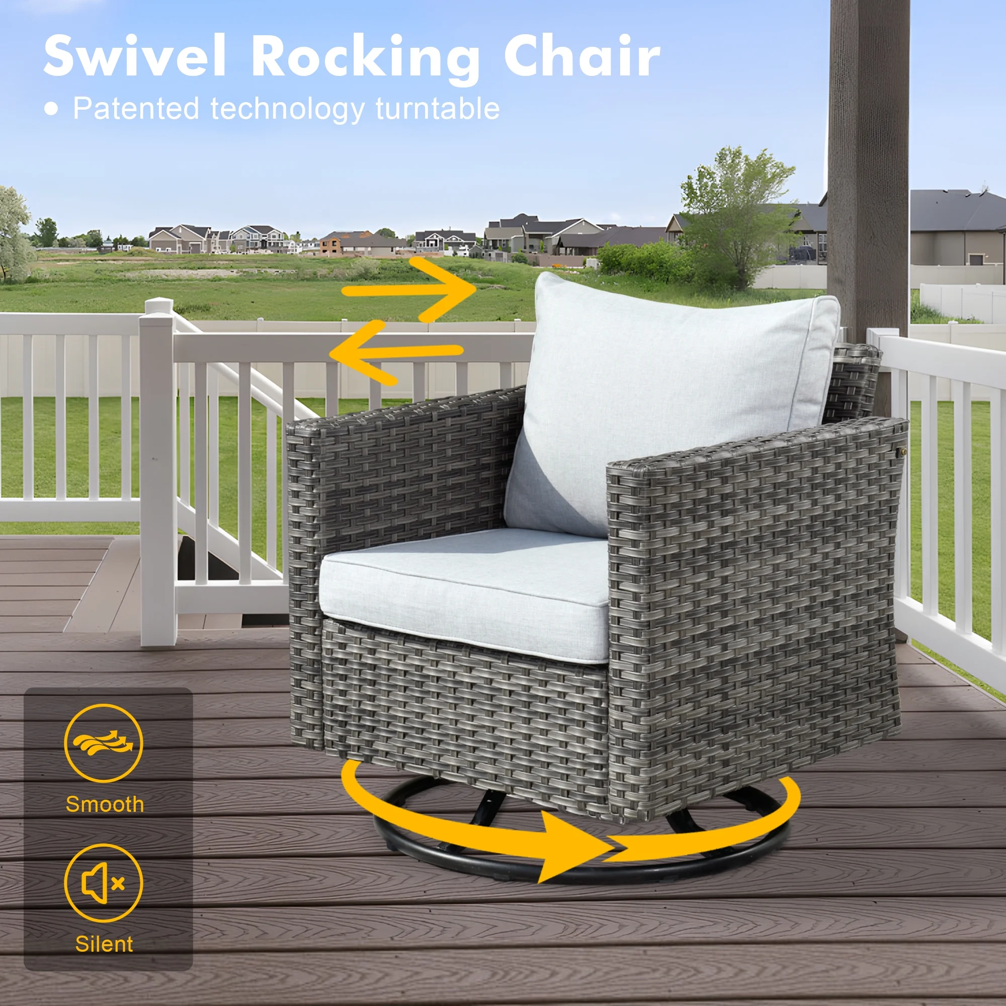 Ovios 6 Pieces Outdoor Patio Furniture Set with Gas Propane Fire Pit Table Wicker Outdoor Conversation Set with Swivel Rocking Chair for Backyard, Cushion Beige