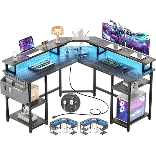 Homieasy L Shaped Desk with Power Outlet and Monitor Stand, 55