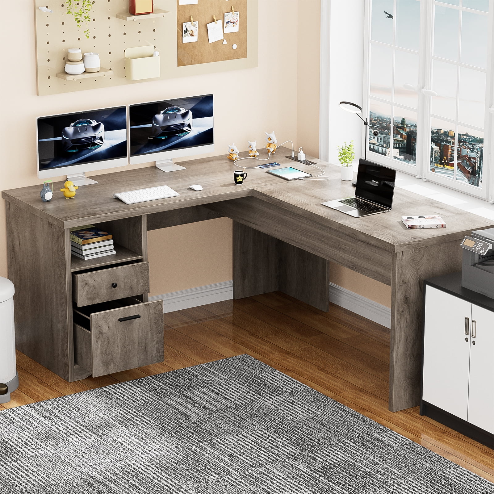 Homieasy L Shaped Desk with Power Outlets and USB Charging Ports, Lift Top Corner Computer Desk with Drawer, Large Office Desk with Storage Shelves, L Shaped Standing Desk for Home Office, Black Oak