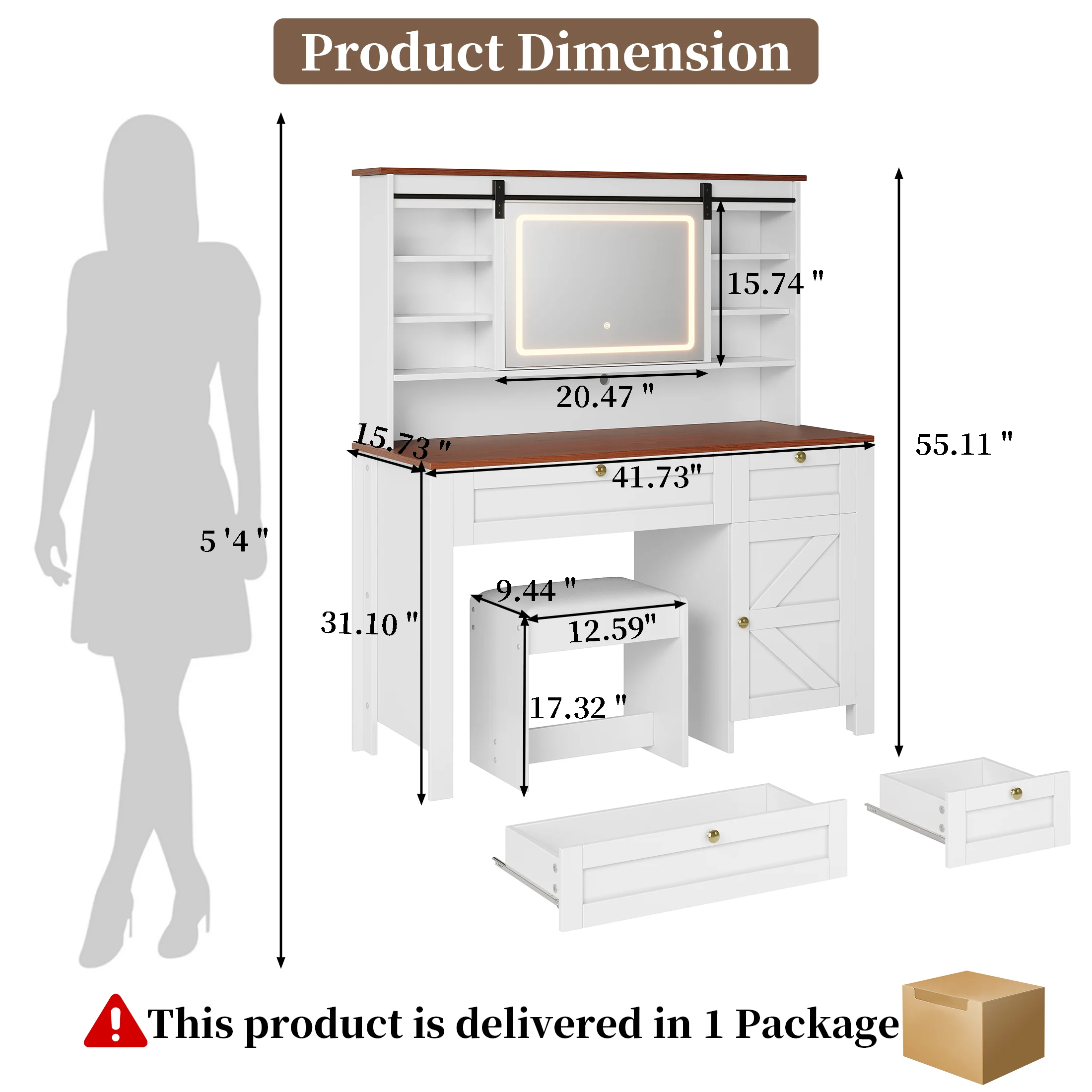PAPROOS Vanity Set with Sliding Mirror and Lights, Large Farmhouse Makeup Desk with Charging Station, Dressing Table with 2 Drawers and Storage Cabinet, Upholstered Stool, White