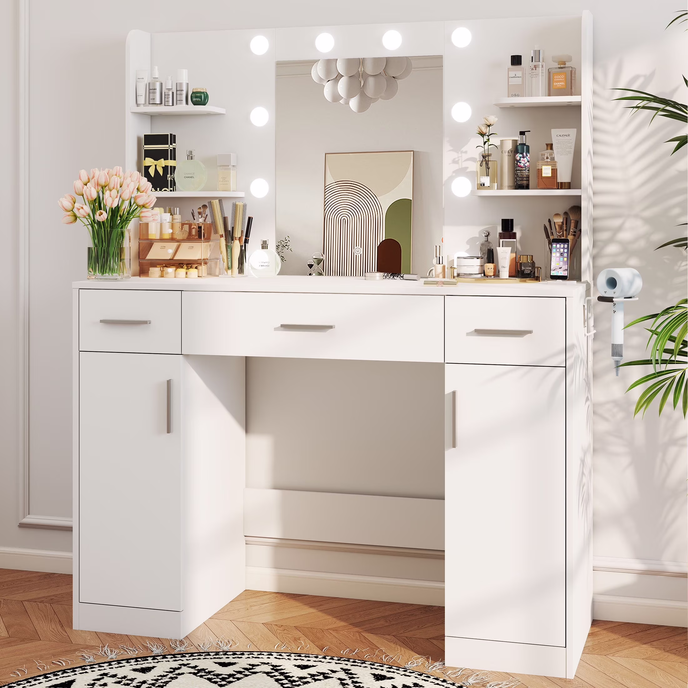 edx Vanity Desk with Mirror, Makeup Vanity Table with 3 Color Light Options Adjustable Brightness for Bedroom Dressing Room, White