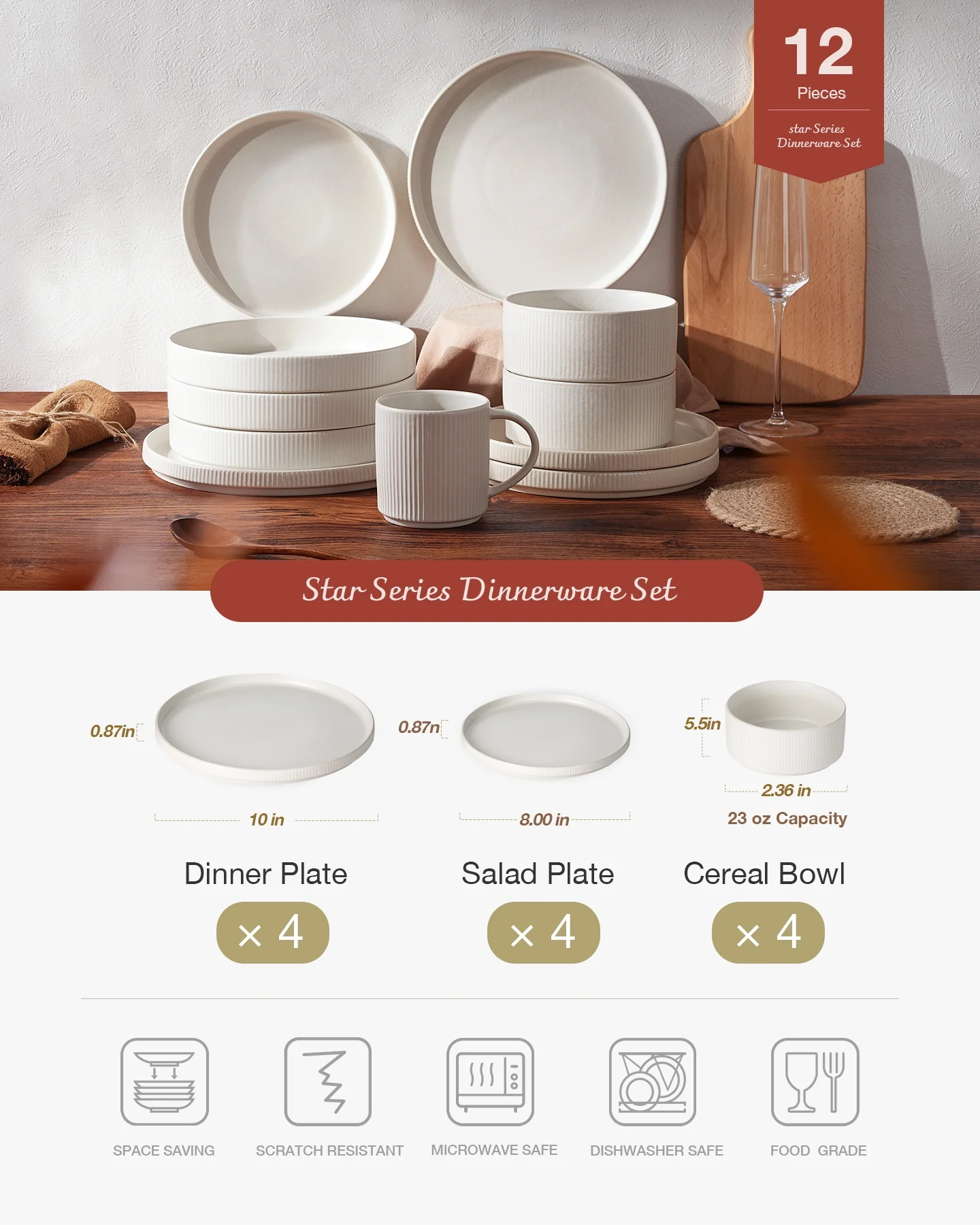Famiware Star Stoneware Dinnerware Sets, Plates and Bowls Set for 4, 12 Piece Dish Set, Cappuccino White