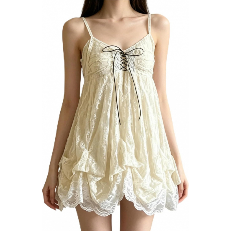 Spaghetti Strap Lace Mini Dress 2000s Women Cute Summer