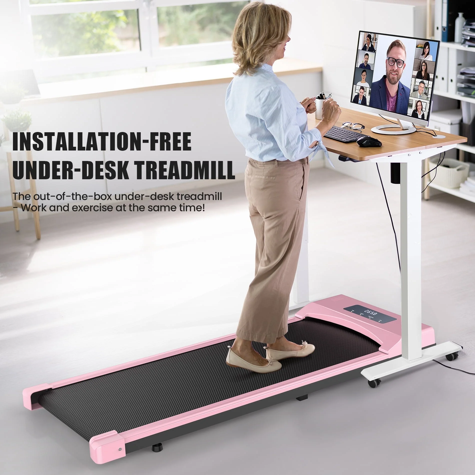 Adnoom Under Desk Treadmill,2.5HP Installation-Free Slim Flat Compact Treadmill,Electric Quiet Walking Treadmill with LED Display and Wireless Remote Control for Home/Office (pink)