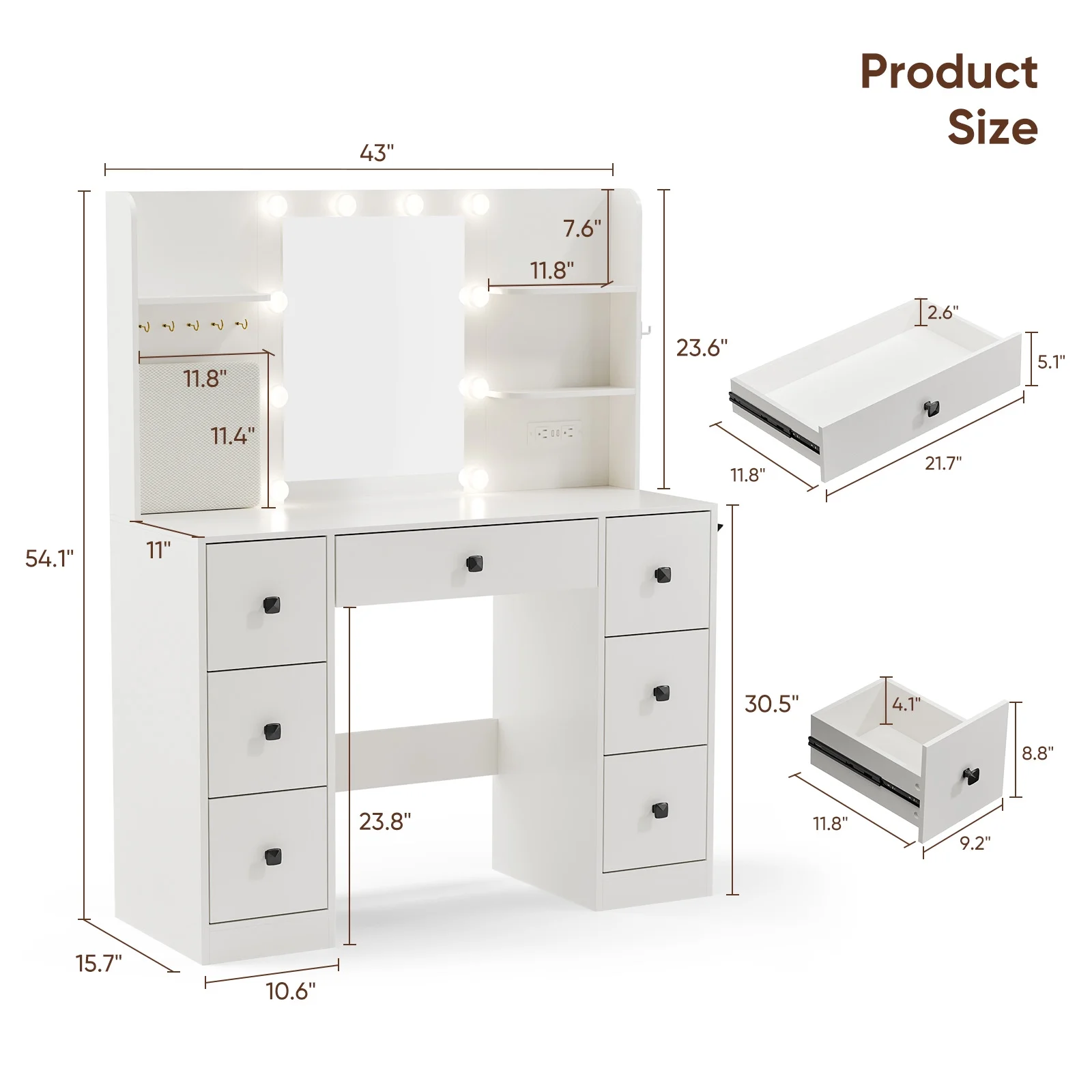 Cottinch Vanity Desk 3 Color Lighted Mirror,Makeup Dressing Table with 4 Drawers and Storage Shelves,2 Outlets,2 USB Ports,White