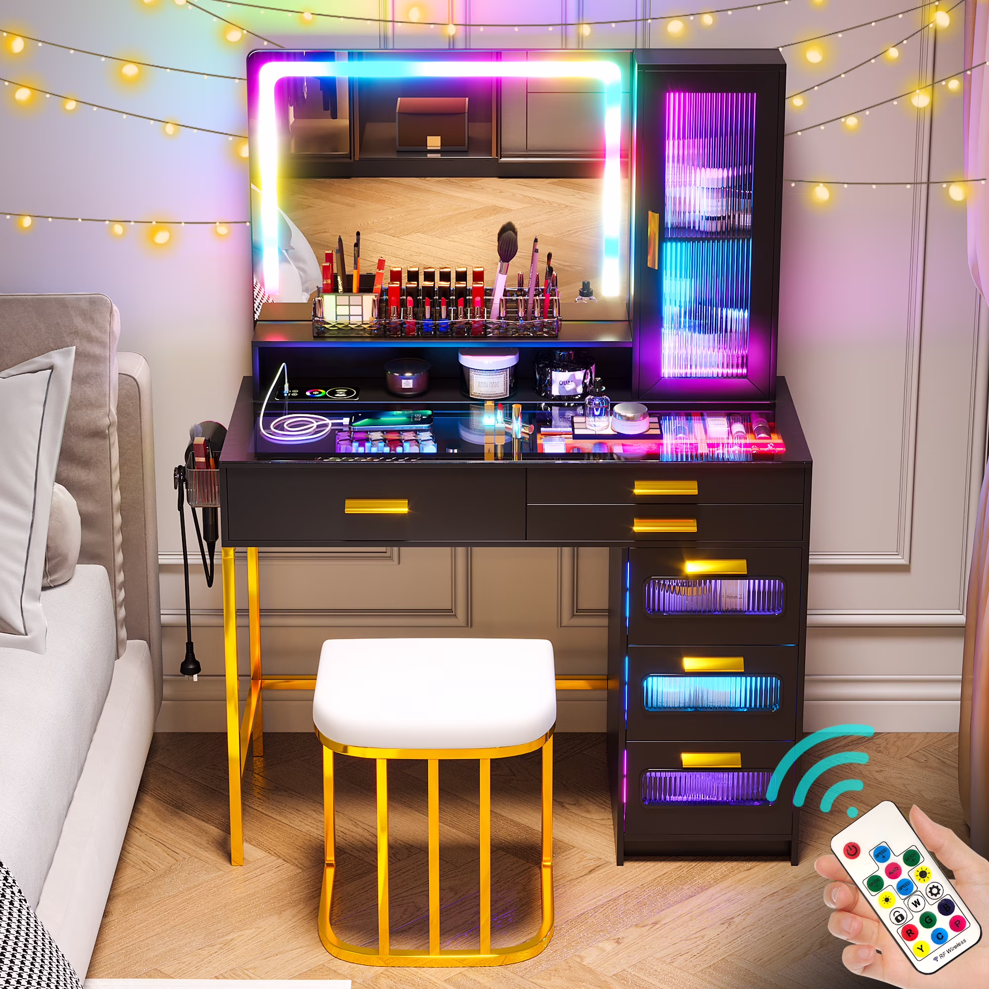 HNEBC Vanity Desk with Mirror and RGB Lights, Glass Top Makeup Vanity with Auto Sensor Lights and Wireless Charging, Vanity Table Set with Cushion Stool, Dressing Table with 6 Drawers (White)