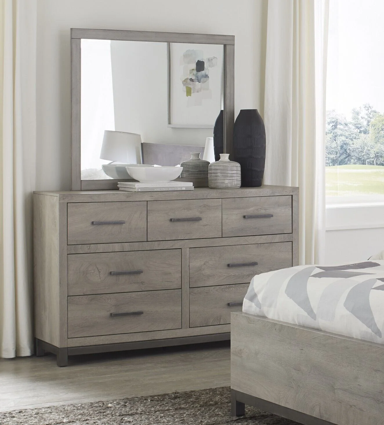 Modern Sleek Design 7pc Bedroom Set Eastern King Bed Two Nightstands LED Light Wall Panels Dresser Mirror Light Gray Finish