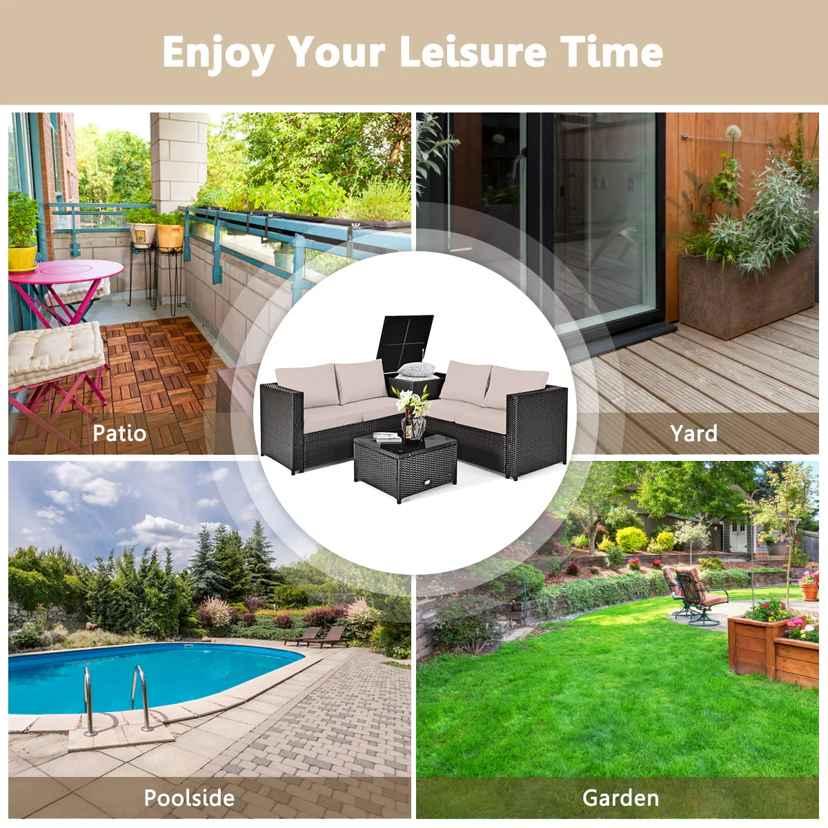 Topbuy 5-Piece Outdoor Patio Furniture Set with 50,000 BTU Propane Fire Pit Table Patio PE Wicker Conversation Set with Cushions Storage Box and Tempered Glass Coffee Table Beige