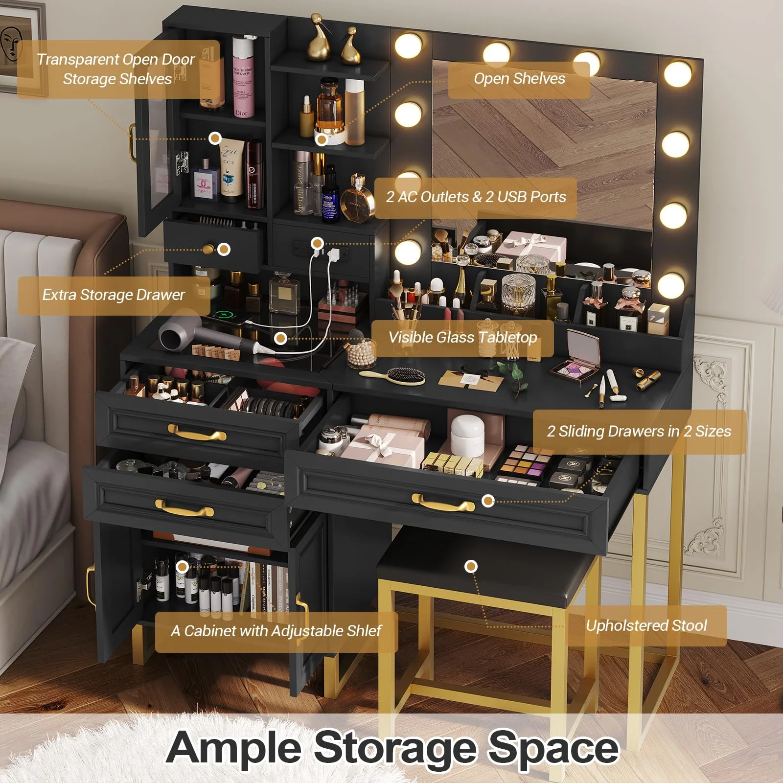 AMUZER Modern Vanity Desk Set with Mirror and Lights & Stool, Makeup Vanity Table with Charging Station, 4 Stoarge Drawers & Double-Door Cabinet, White