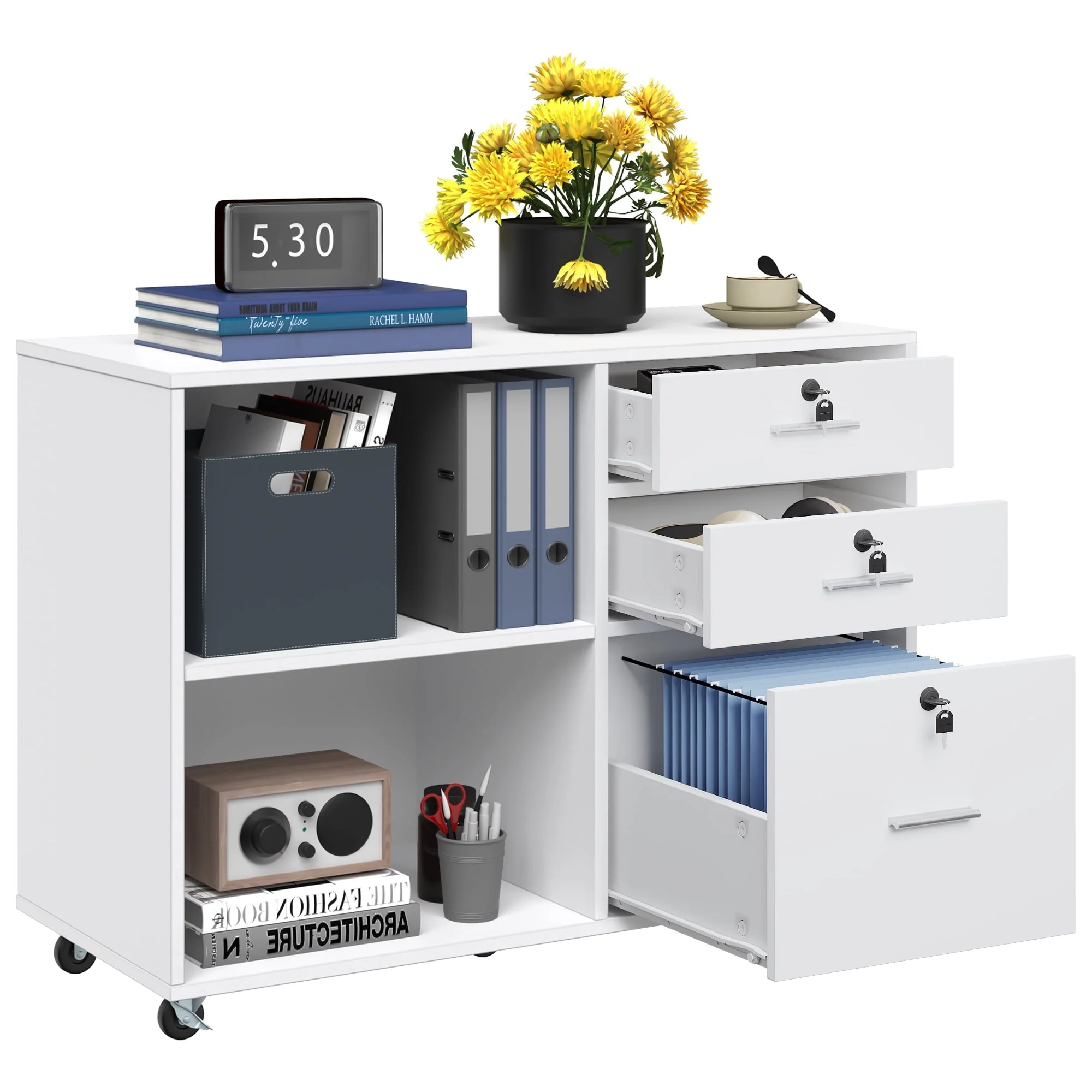 DEXTRUS 3 Drawer Wood Lateral Filing Cabinet with Locks, Printer Stand Storage File Cabinet with Shelves for Home Office, White