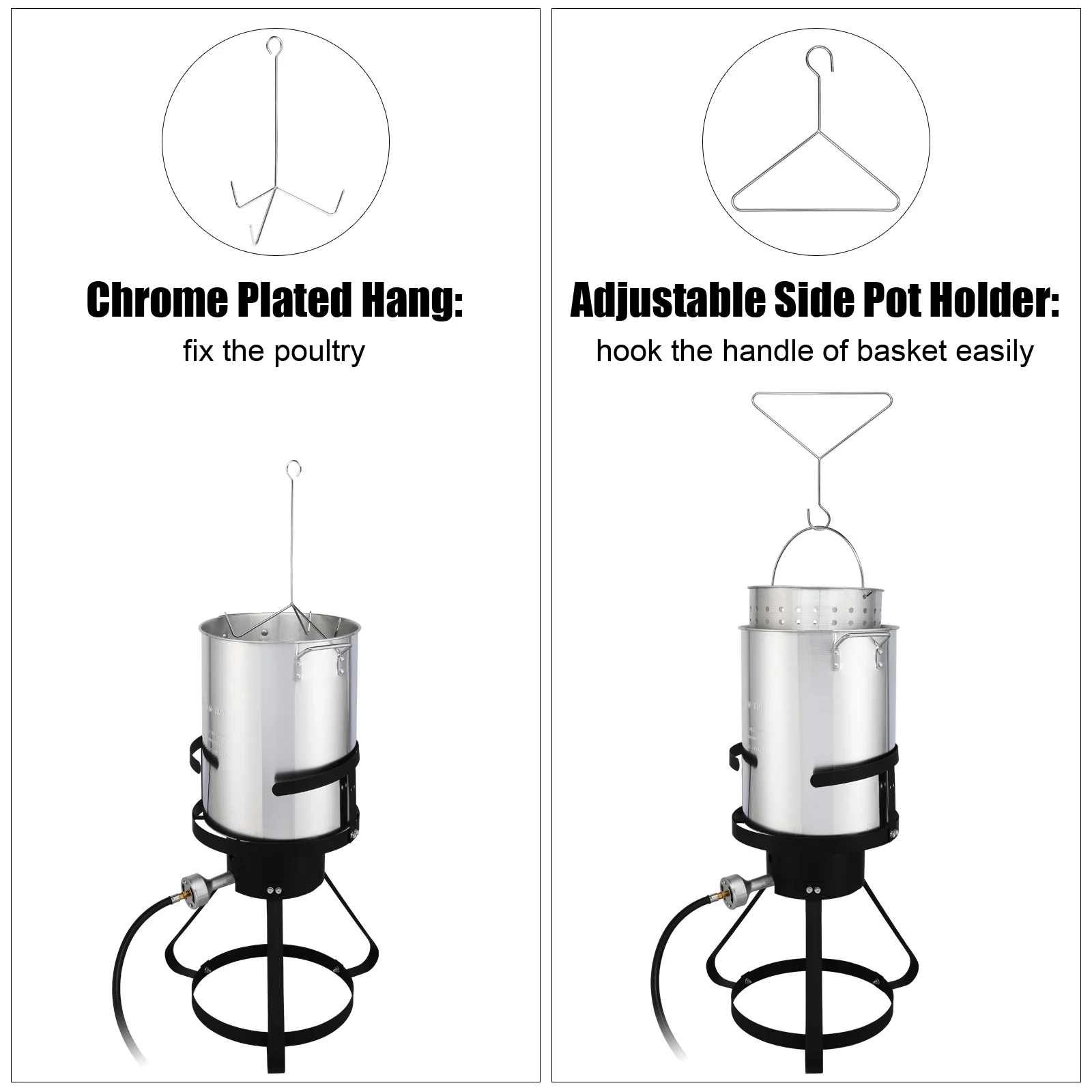 13*32 Four-Piece Set, Black Round Iron Stove Frame with Silver Aluminum 30qt Turkey Pot and 10qt Fish Pot - Gas Fryer Combo for Outdoor Cooking