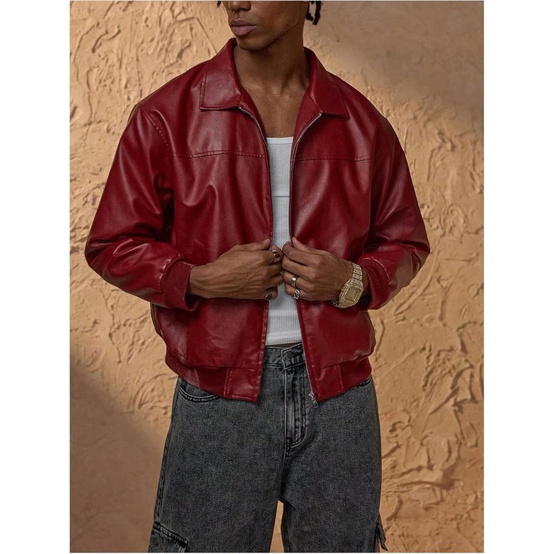 Men's Leather Jacket Zip Up Collared Bomber Jackets with Pockets