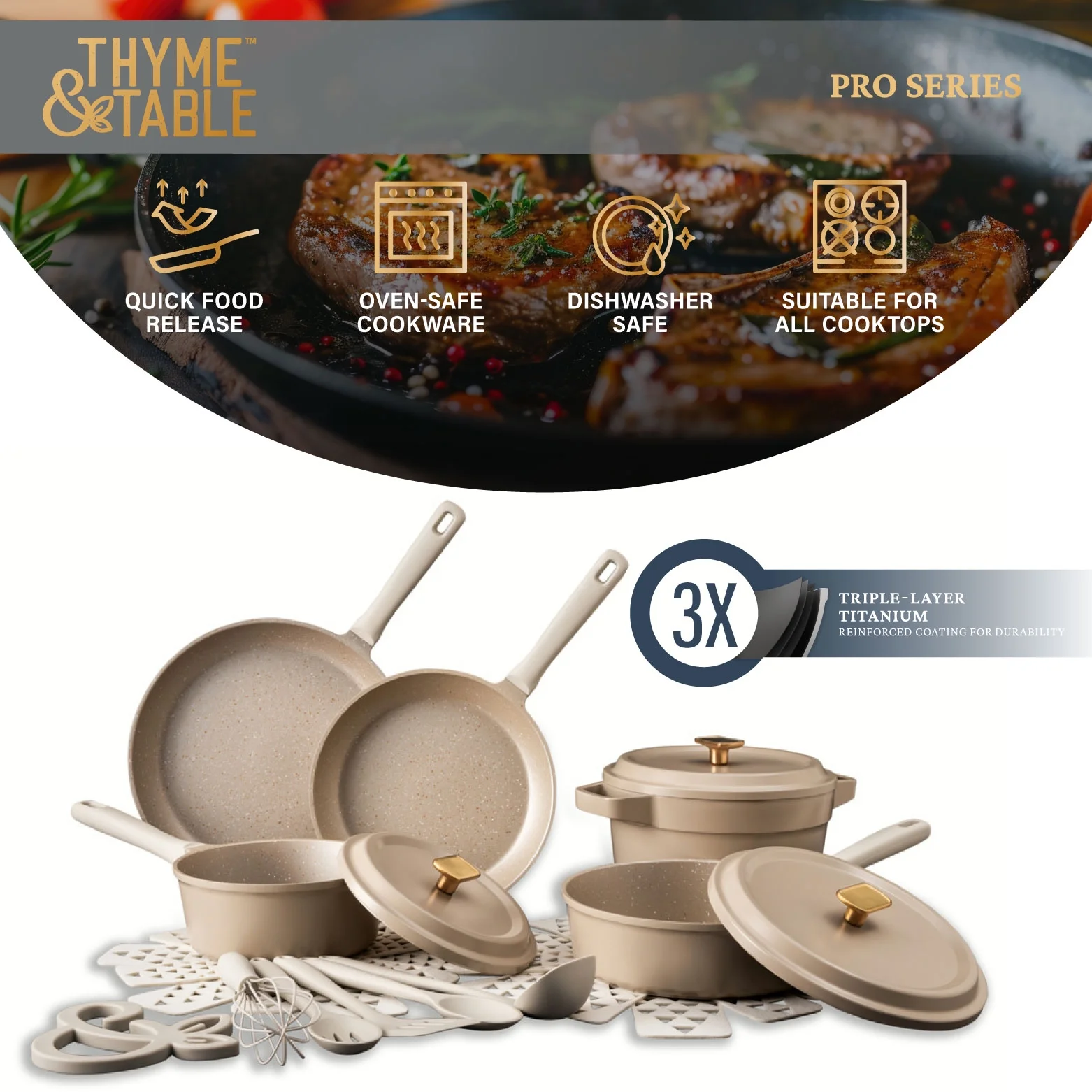 Thyme & Table 18-Piece Non-stick Diecast Cookware & Silicone Utensil Set, Pots and Pans Set - Atlantic Blue