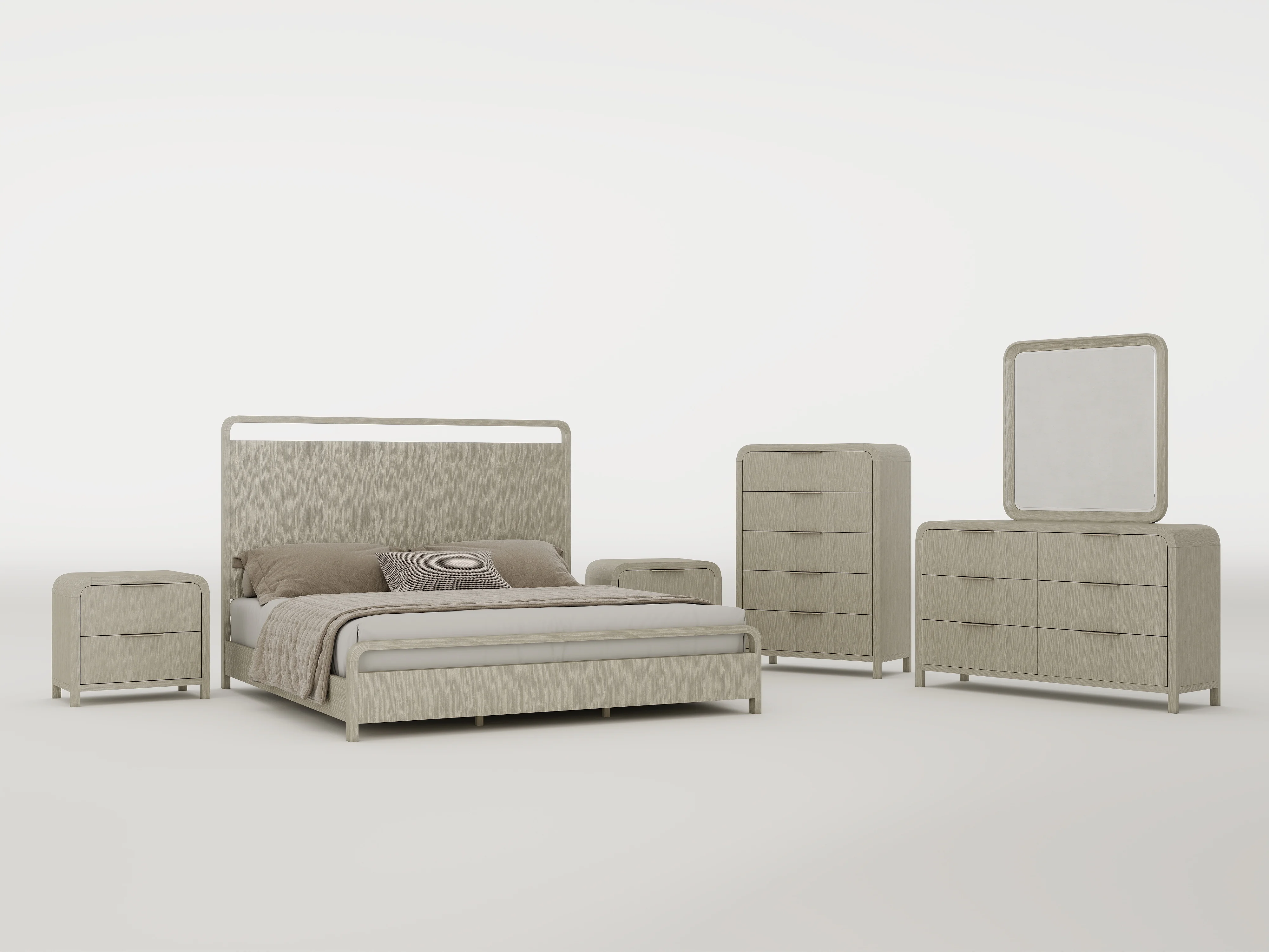 Roundhill Furniture Tavari 6-Piece Bedroom Set with Panel Bed, Dresser, Mirror, Two Nightstands, and Chest in Light Gray, King Size
