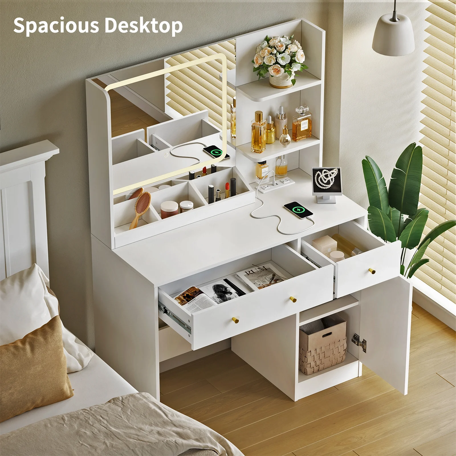 Fenbeli Vanity Set with Mirror and Lights, Makeup Vanity with 3 Drawers, Vanity Desk for Girls, Women, White
