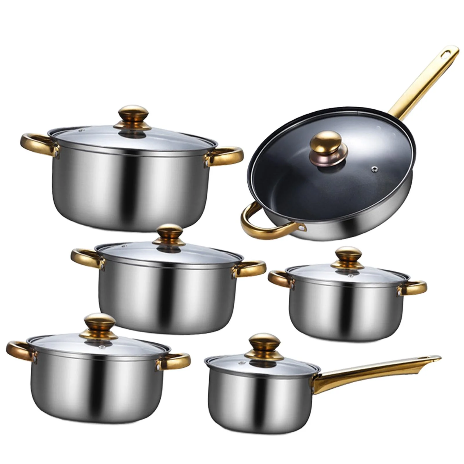 kowaku 6 Pieces Cookware Set Kitchen Cooking Set with Glass Lid, Soup Pot, Frying Pan Pots and Pans Set Stainless Steel for Kitchen Pans with soup pot