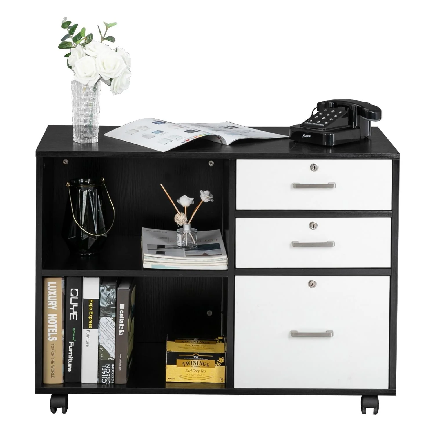 Ktaxon 3 Drawer Wood File Cabinets, Lateral Mobile Filing Cabinets Printer Stand with Locks and Wheels, Open Storage Shelves for Home Office