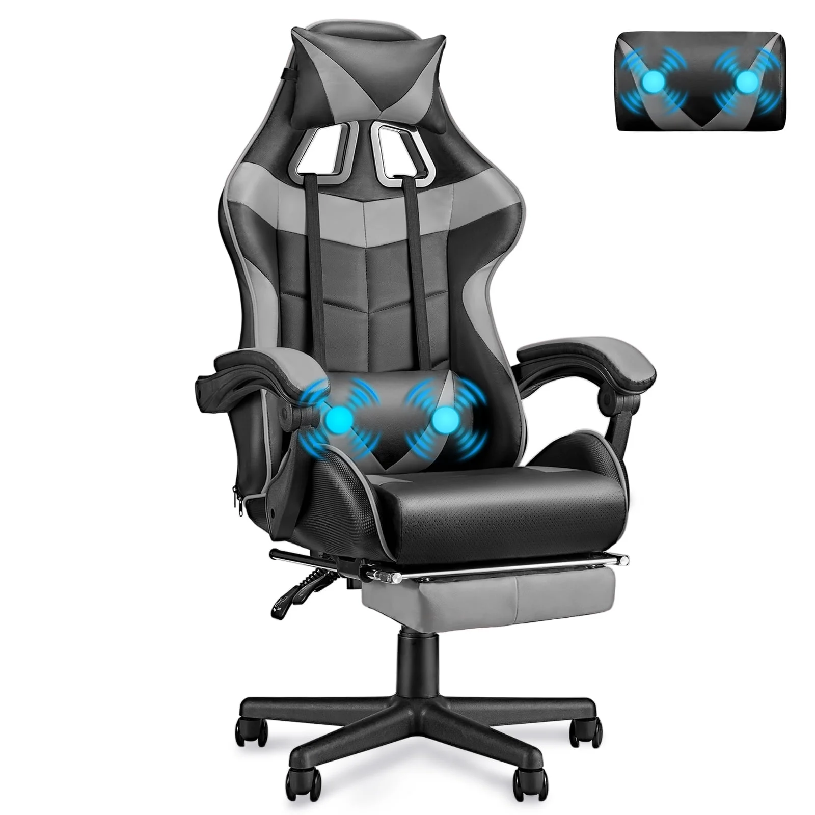 SOONTRANS Green Gaming Chair with Footrest, High Back Gamer Chair with Massage Lumbar Pillow, Gamer Computer Desk Chair (Green)
