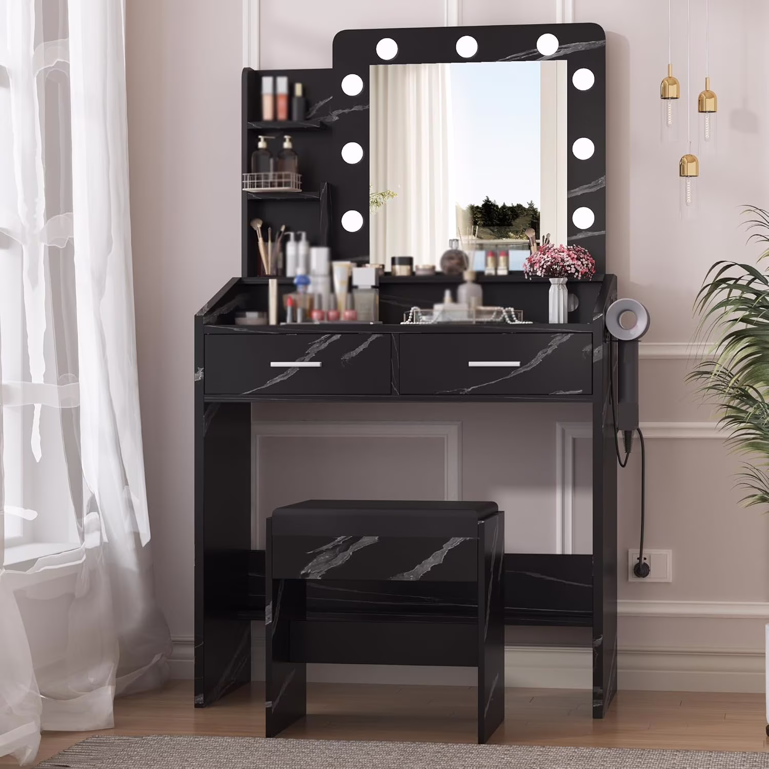 OYang Makeup Vanity with Lights, Vanity Desk with Mirror and Lights Set, Large Drawer and Two-Tier Lots Storage Cabinet, 3 Lighting Modes Adjustable Brightness