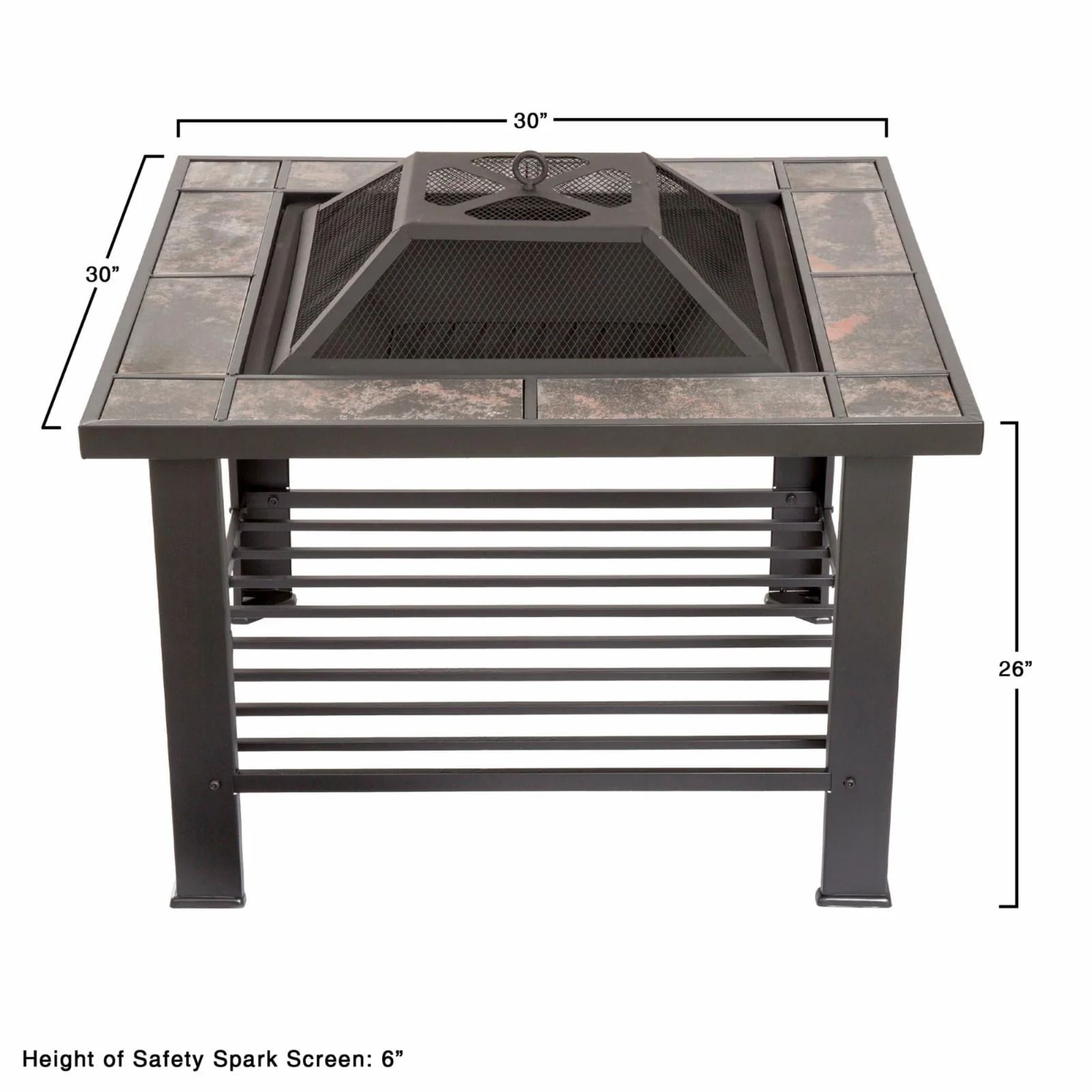 Fire Pit Table – 30-Inch Square Wood Burning Bonfire Pit with Marble Tile Edge, Spark Screen, Tile Fire Bowl Cover, Log Poker by Pure Garden (Black)